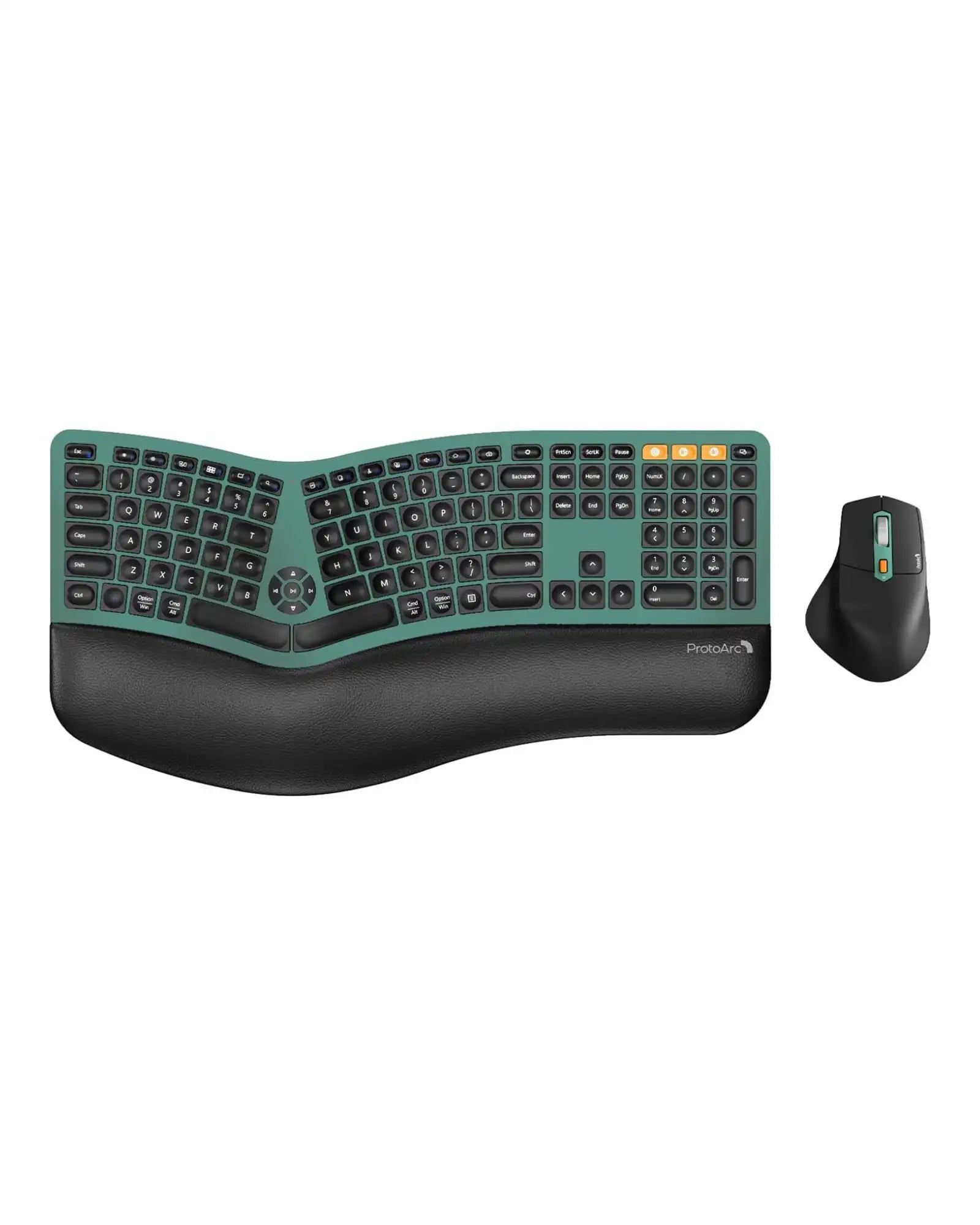 Green EKM01 Plus ergonomic keyboard and black ergonomic mouse combo with ProtoArc logo