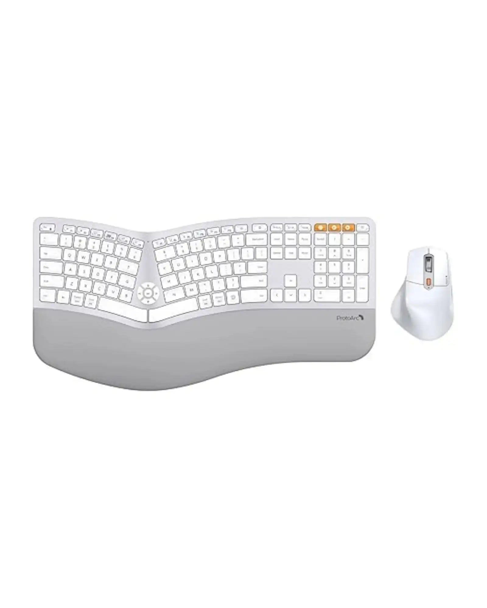 ProtoArc EKM01 Plus white ergonomic keyboard with grey wrist rest and matching ergonomic mouse.