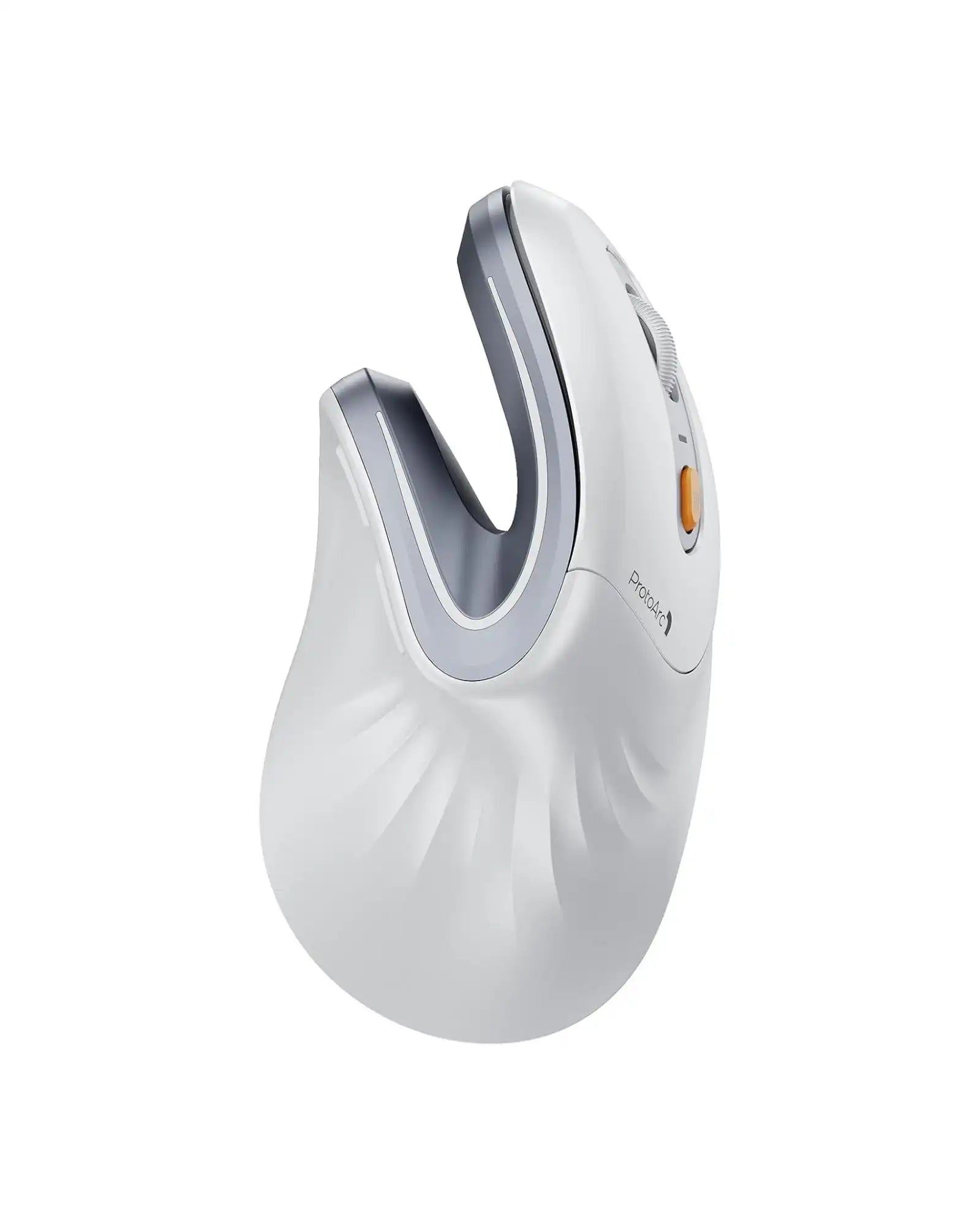 ProtoArc EM11 NL white ergonomic vertical mouse with silver accents and an orange scroll wheel