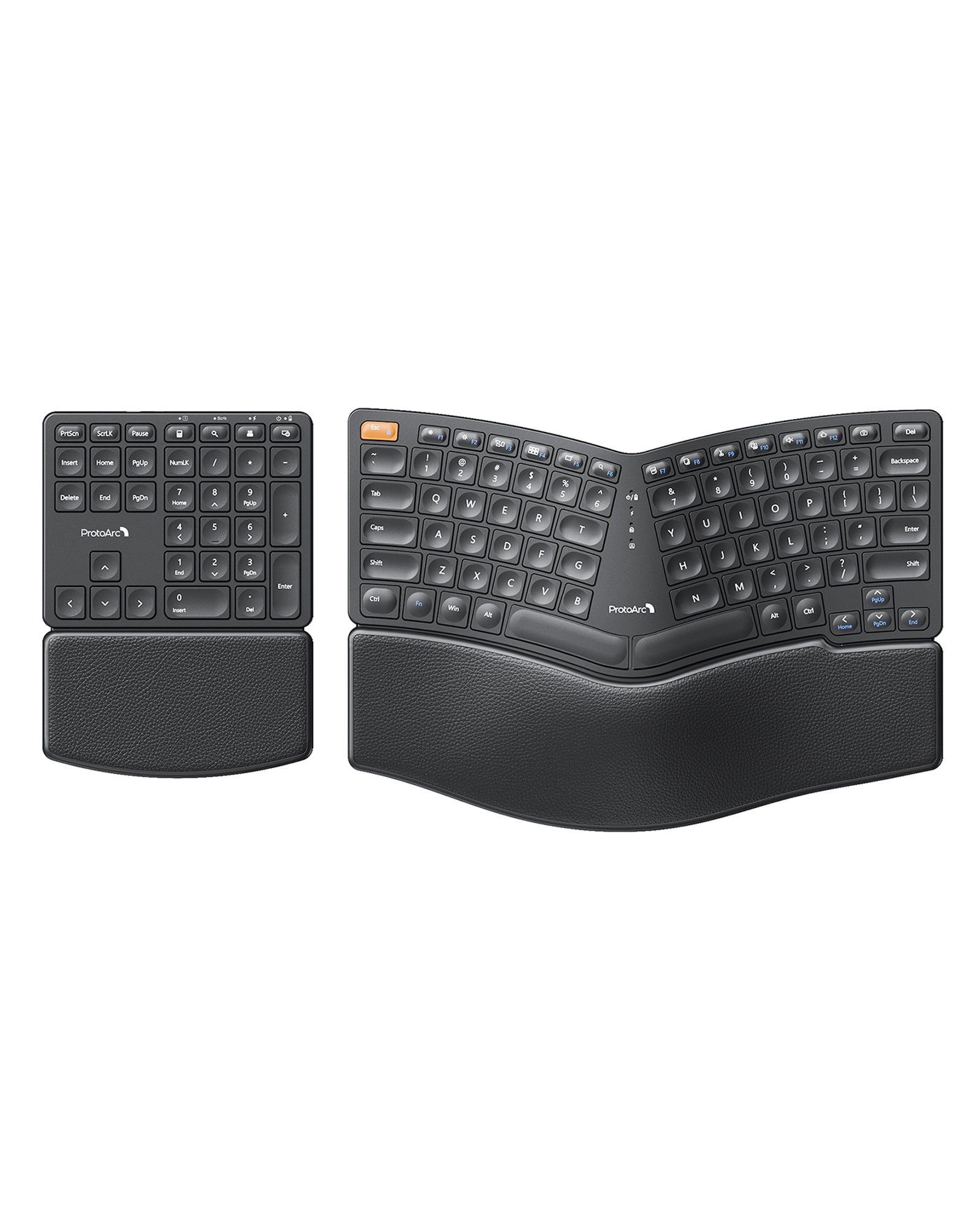 ProtoArc EK04 split ergonomic keyboard and numeric keypad, black, with integrated wrist rests.