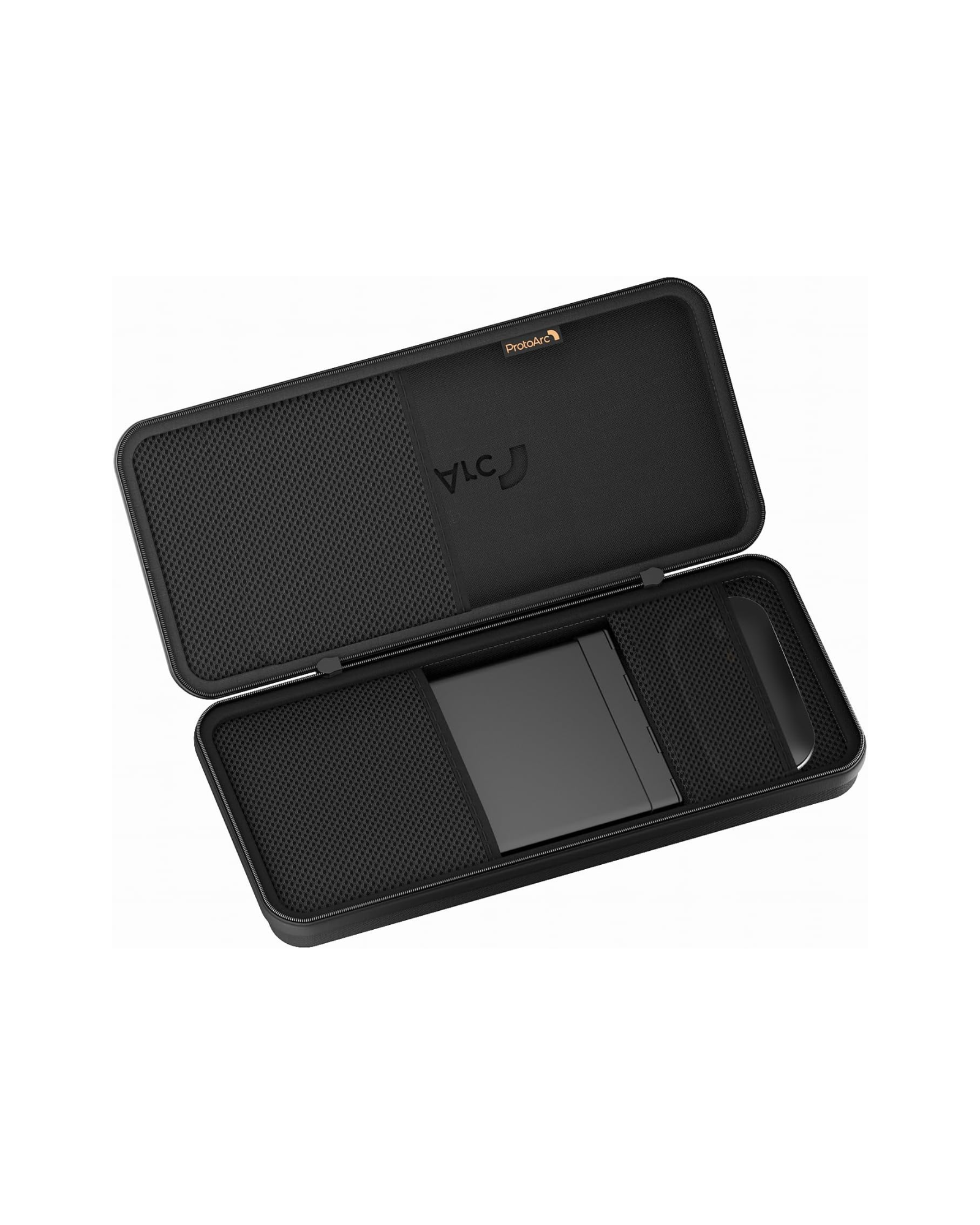 Black carrying case with a visible brand logo on a white background