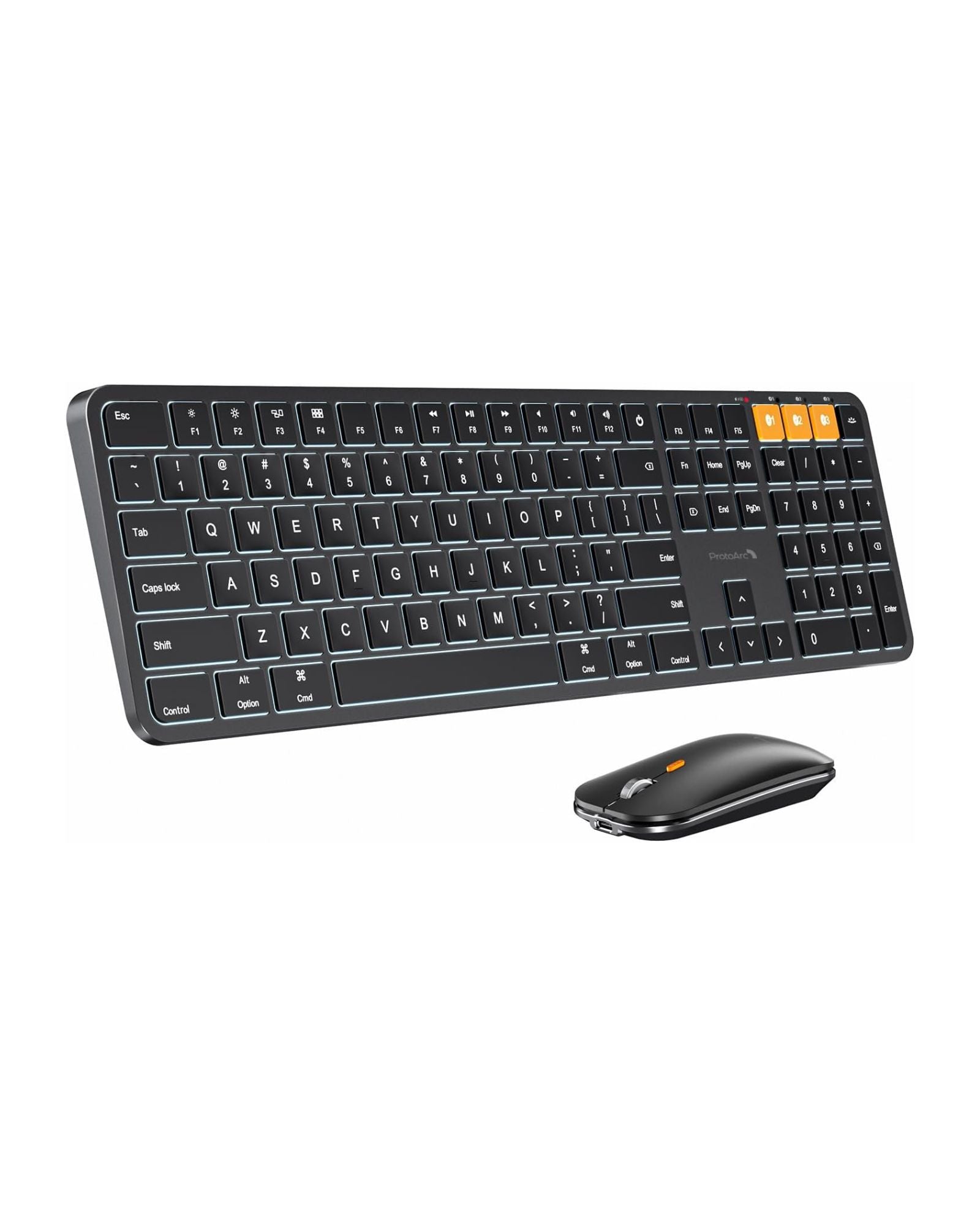 KM100-A backlit Bluetooth keyboard and mouse combo for Mac in black with white LED keys and an orange scroll wheel.