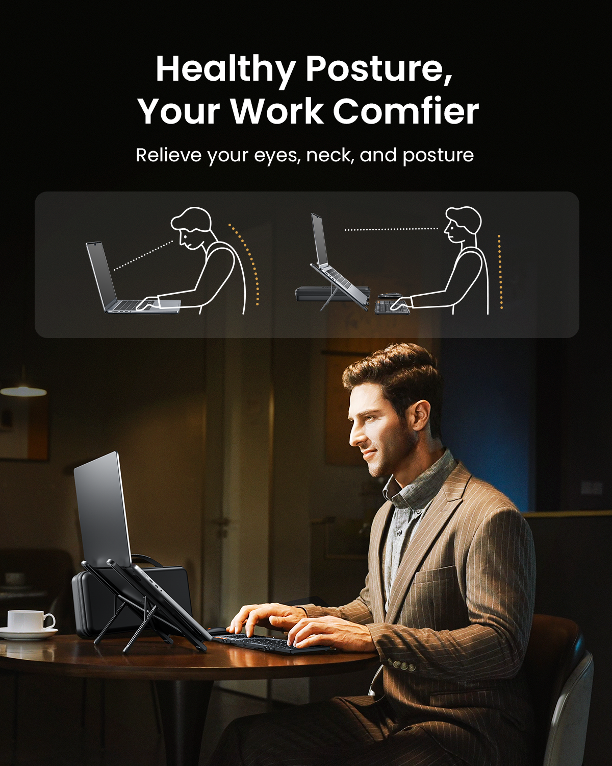 Man using XKM01 CaseUp foldable keyboard and mouse on laptop stand for ergonomic posture.