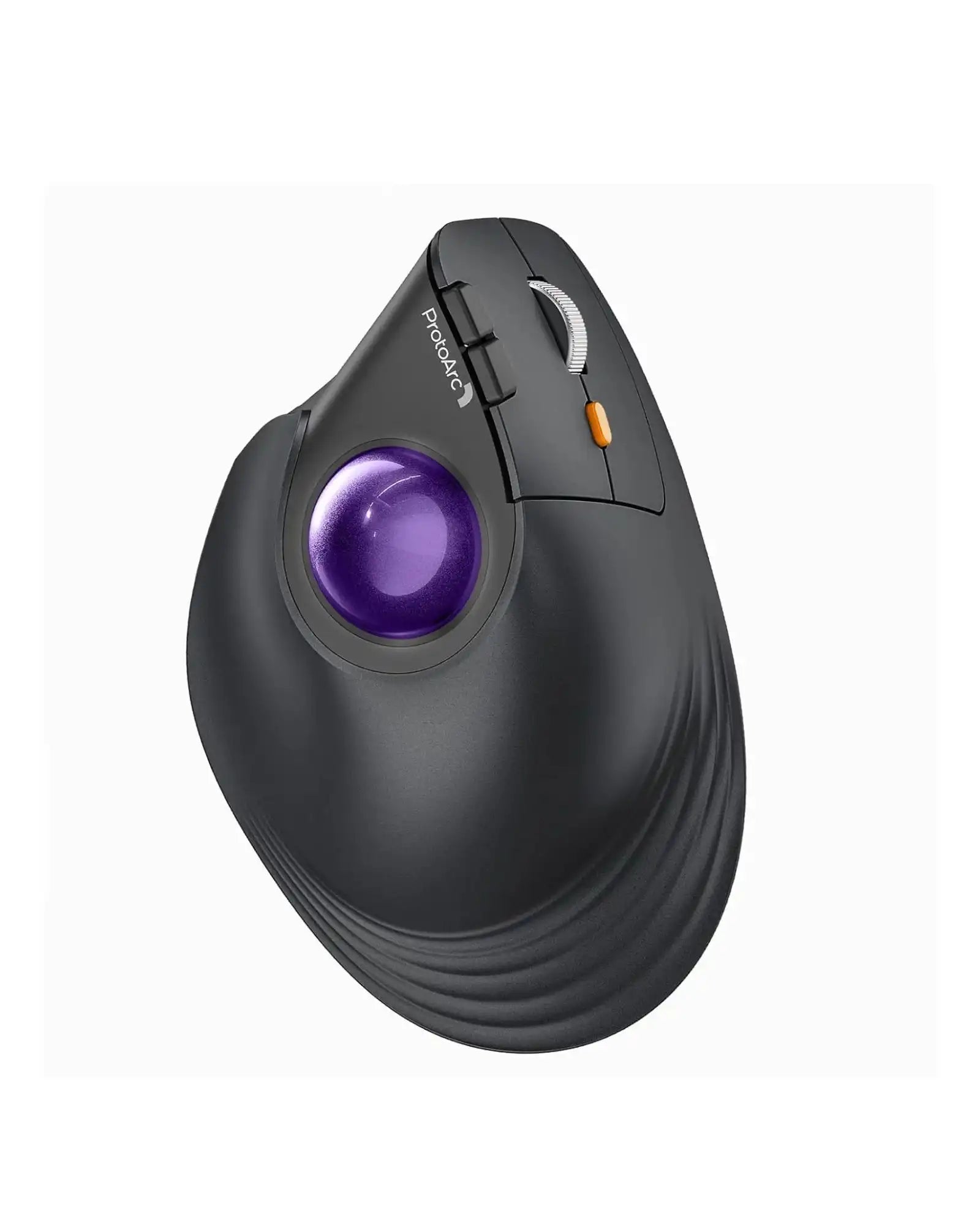 Black ProtoArc EM05 NL ergonomic vertical wireless trackball mouse with a purple trackball and silver scroll wheel.