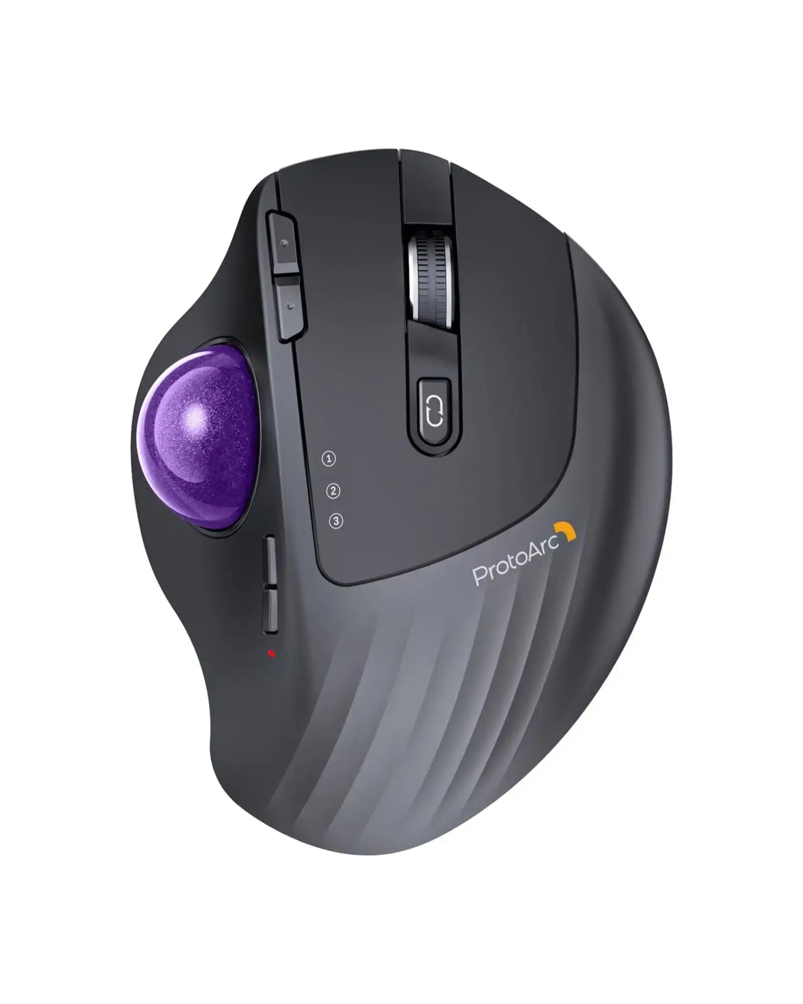 ProtoArc EM01 NL wireless ergonomic trackball mouse, purple trackball, scroll wheel, multiple buttons, adjustable DPI.