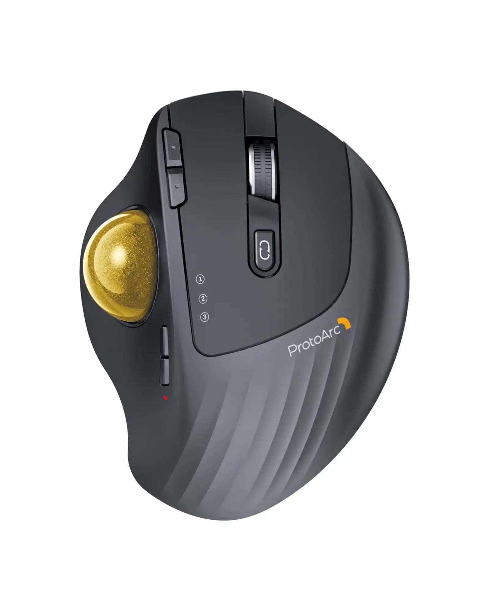 ProtoArc EM01 NL wireless ergonomic trackball mouse with gold ball and multi-device controls.