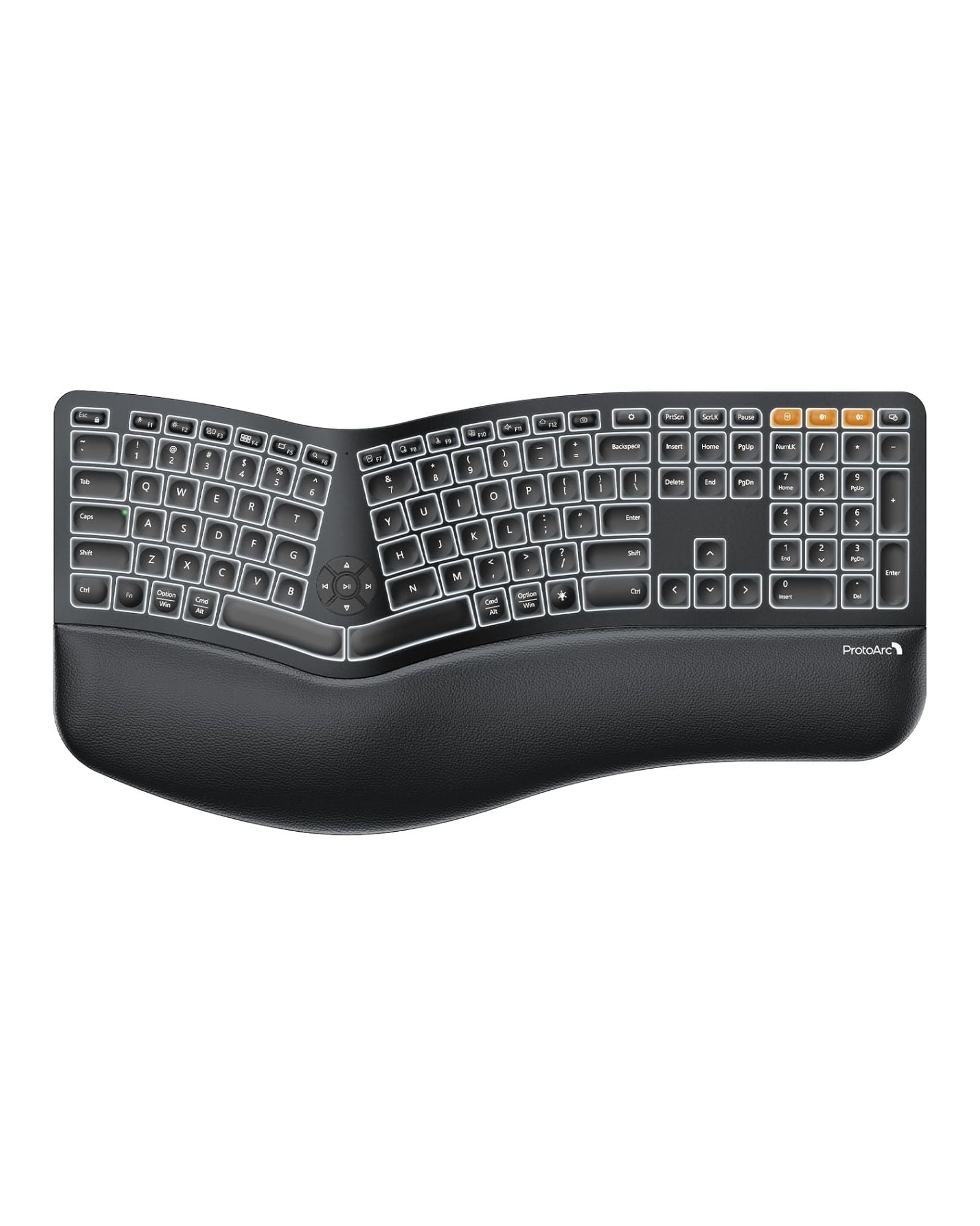 Black ProtoArc EK01 Plus ergonomic split keyboard with backlit keys and wrist rest.
