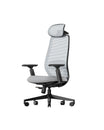 EC200 ergonomic mesh office chair with adjustable armrests, headrest, and grey seat cushion.