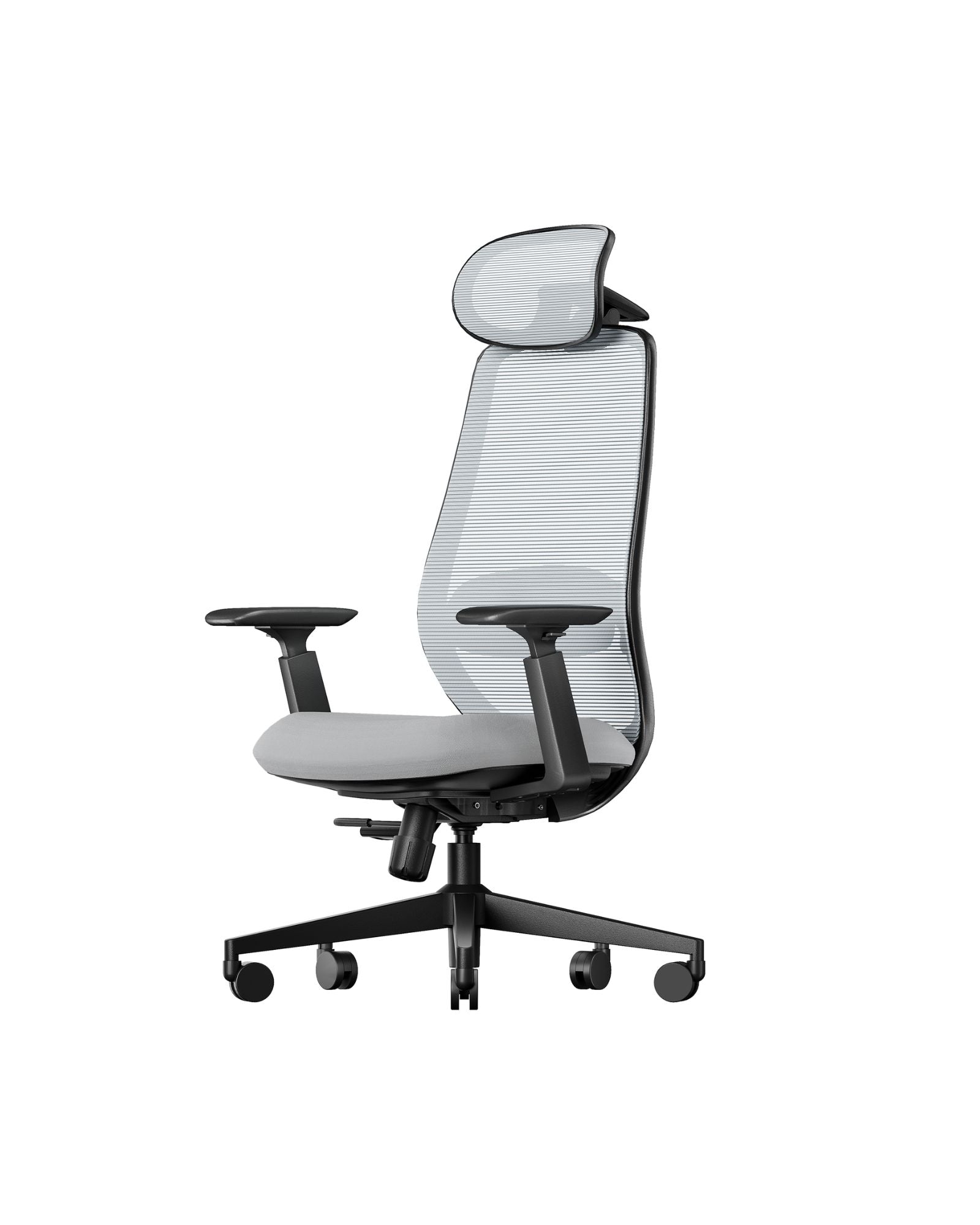 EC200 ergonomic mesh office chair with adjustable armrests, headrest, and grey seat cushion.