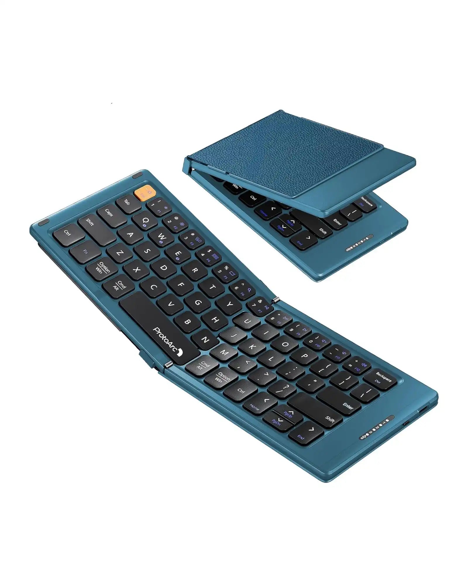 ProtoArc XK04 foldable compact Bluetooth keyboard in teal blue, unfolded and partially folded.