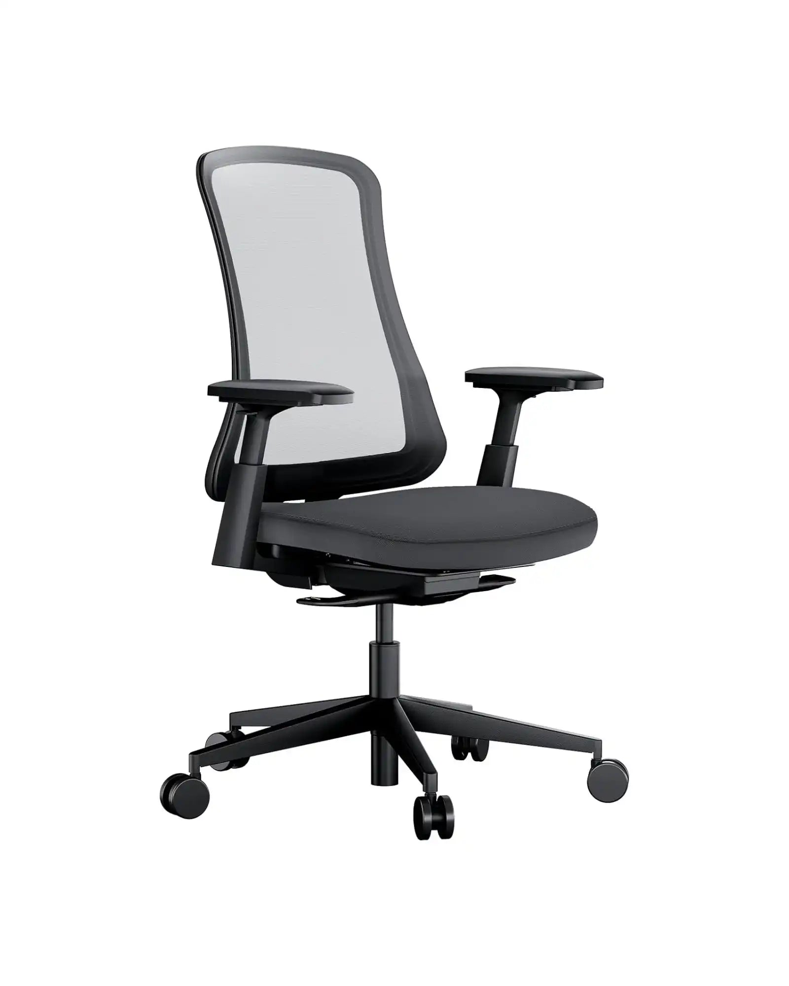 Black ergonomic office chair with mesh back, adjustable armrests, and fabric seat.