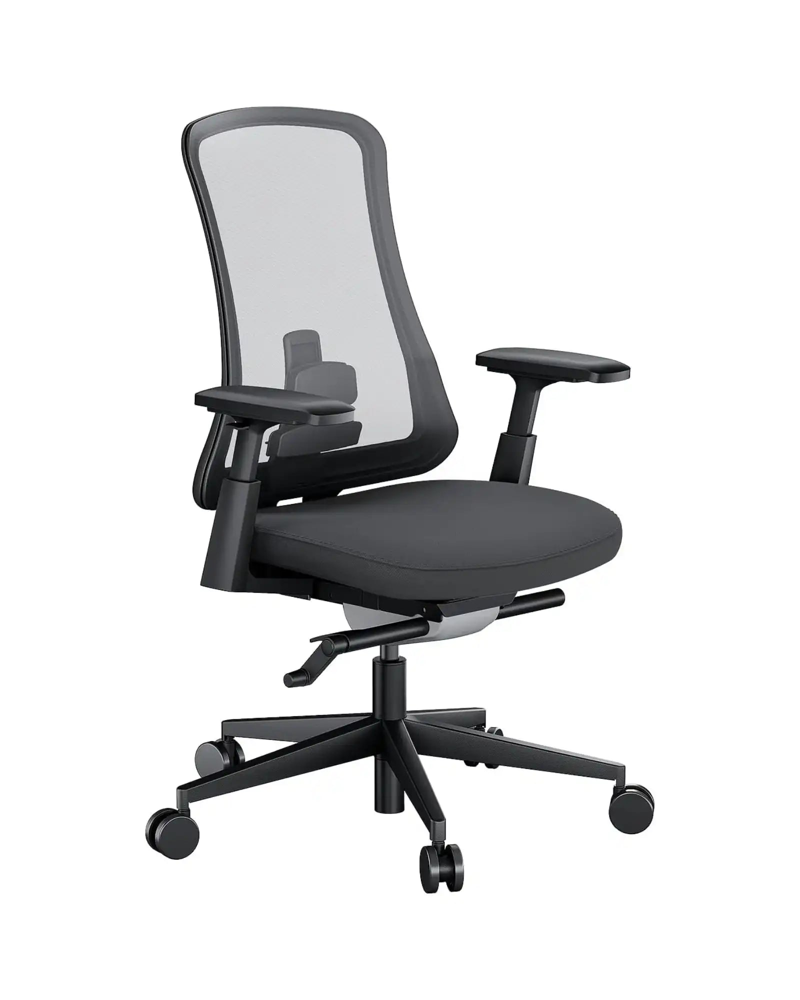 Black ergonomic office chair with mesh back, adjustable armrests, and wheels.
