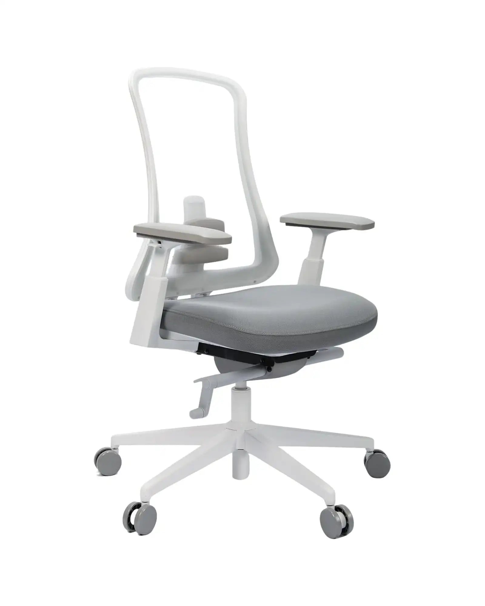 White Flexer ergonomic chair with grey mesh seat and adjustable armrests