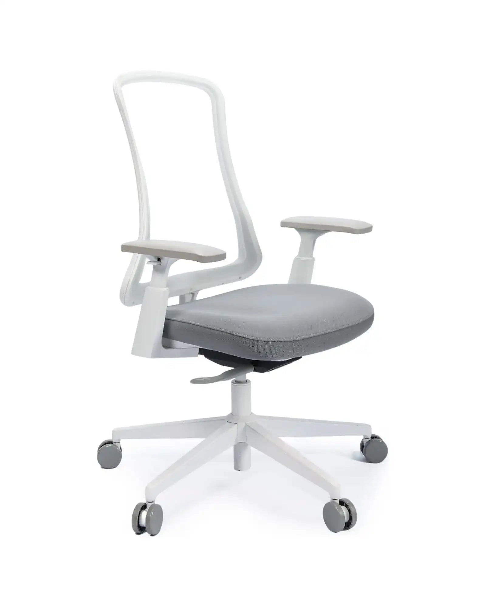 White ergonomic chair with grey mesh seat and adjustable armrests on a white background