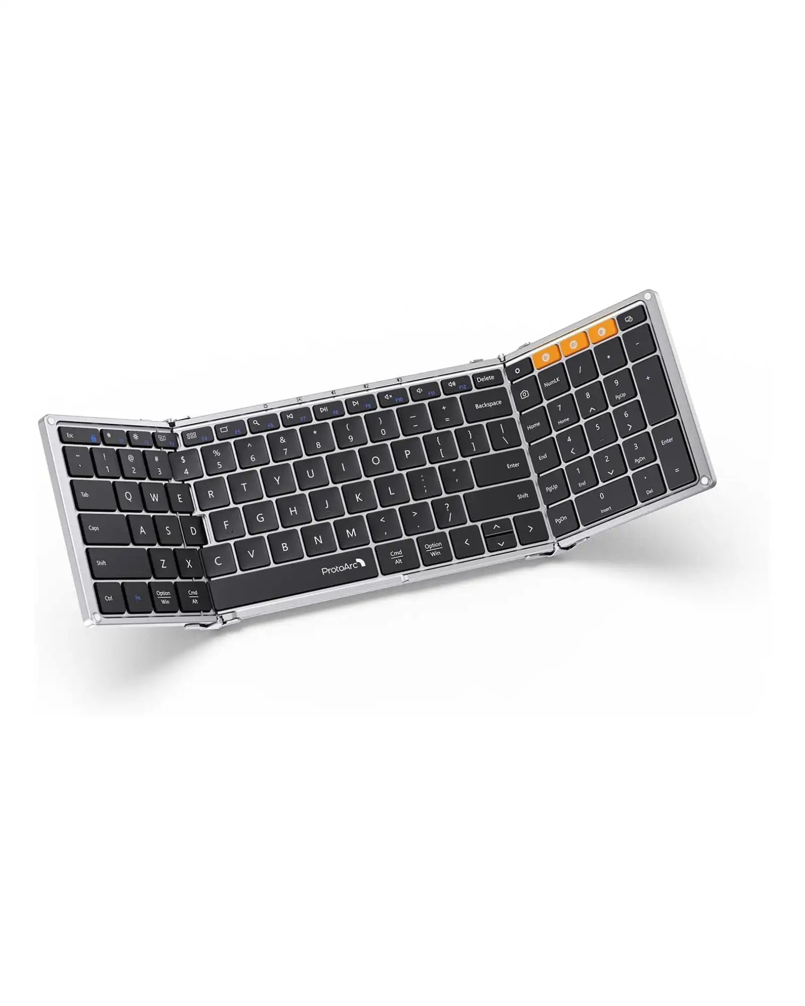 ProtoArc XK01 foldable Bluetooth keyboard, black, 105-key tri-fold design.