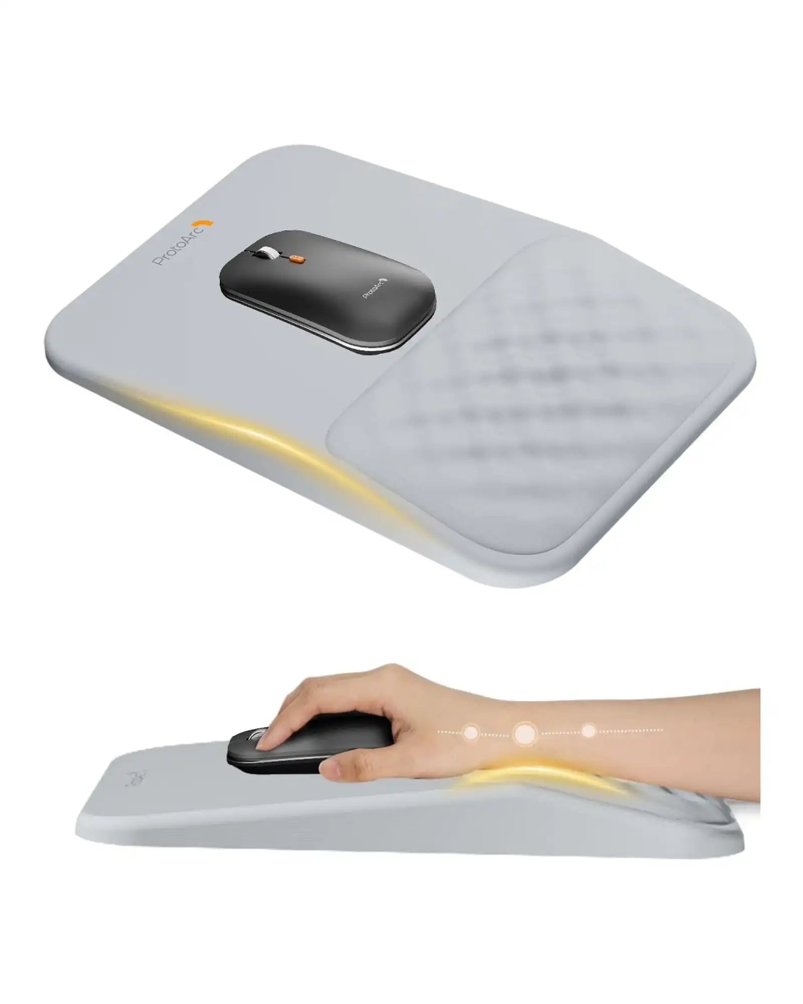 ProtoArc MP50 ergonomic mouse pad with wrist rest and gray mouse, showing 8° slope and hand support.