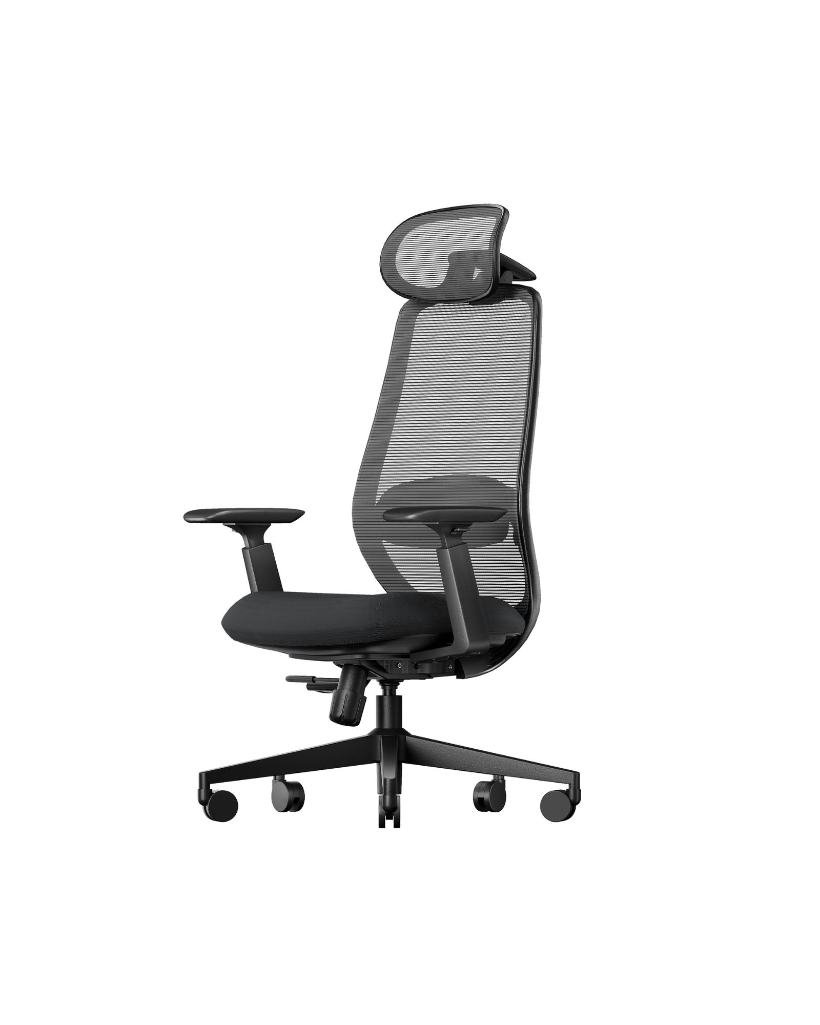 Black EC200 ergonomic mesh office chair with S-shape back, padded seat, and adjustable headrest.