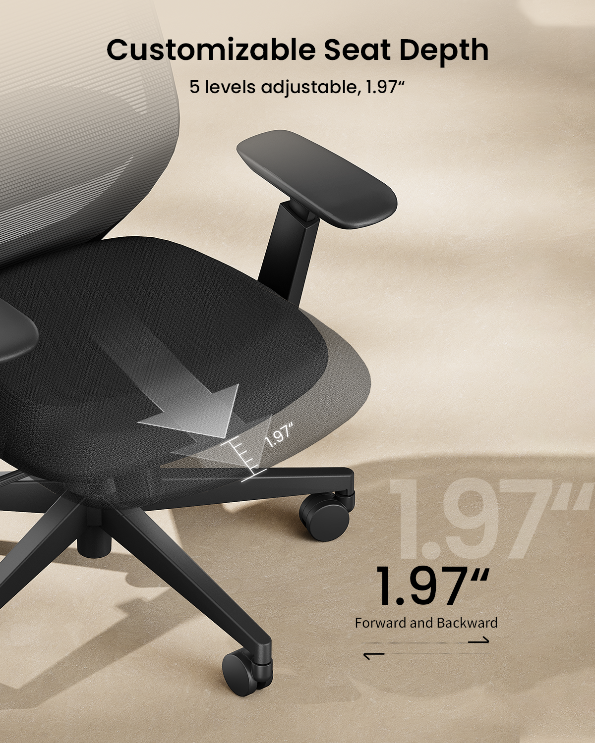 EC200 ergonomic mesh office chair with customizable seat depth, adjustable 1.97 inches in 5 levels.