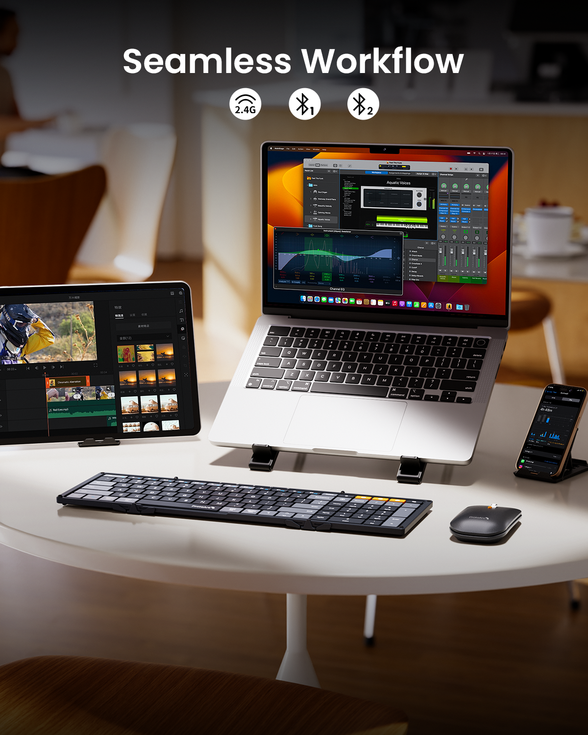 XKM01 CaseUp foldable keyboard and ergonomic mouse creating a mobile workstation with laptop and tablet on white table.