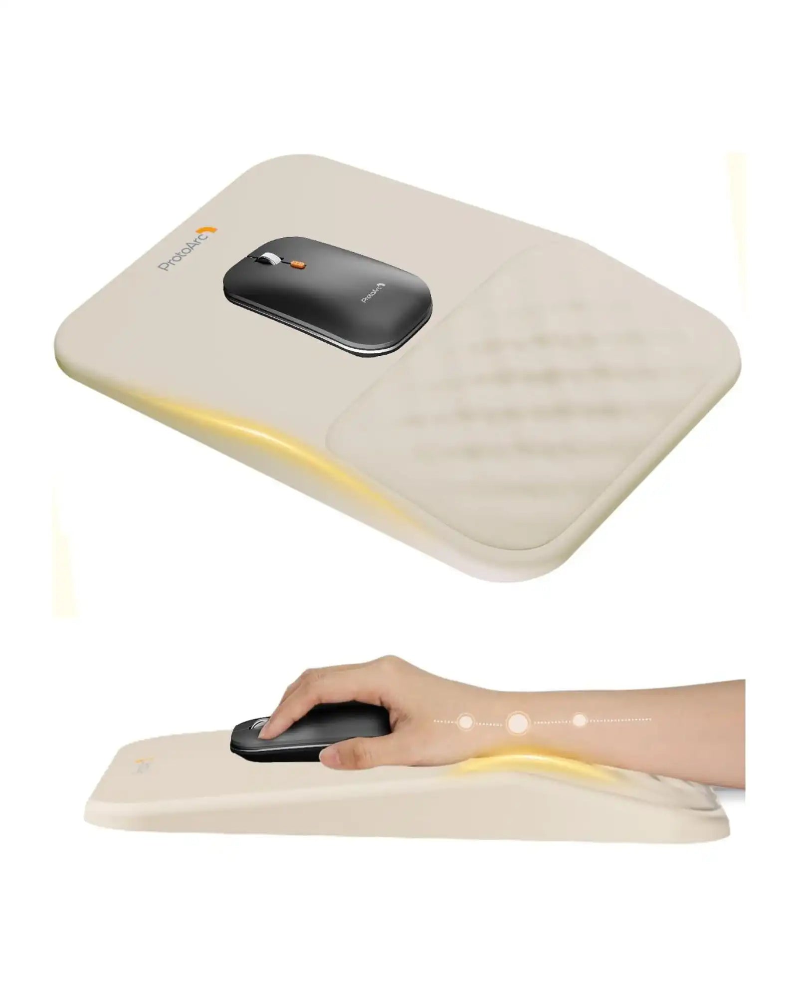 ProtoArc MP50 ergonomic mouse pad in beige with wrist rest and black wireless mouse, showing 8° slope for wrist support.