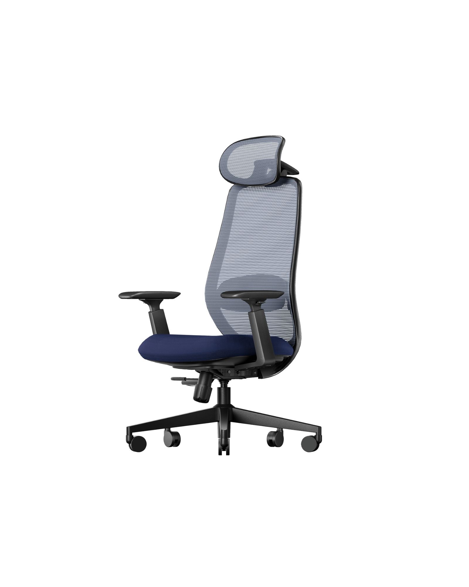 Blue seat ergonomic mesh office chair model EC200 with S-shape backrest and headrest.