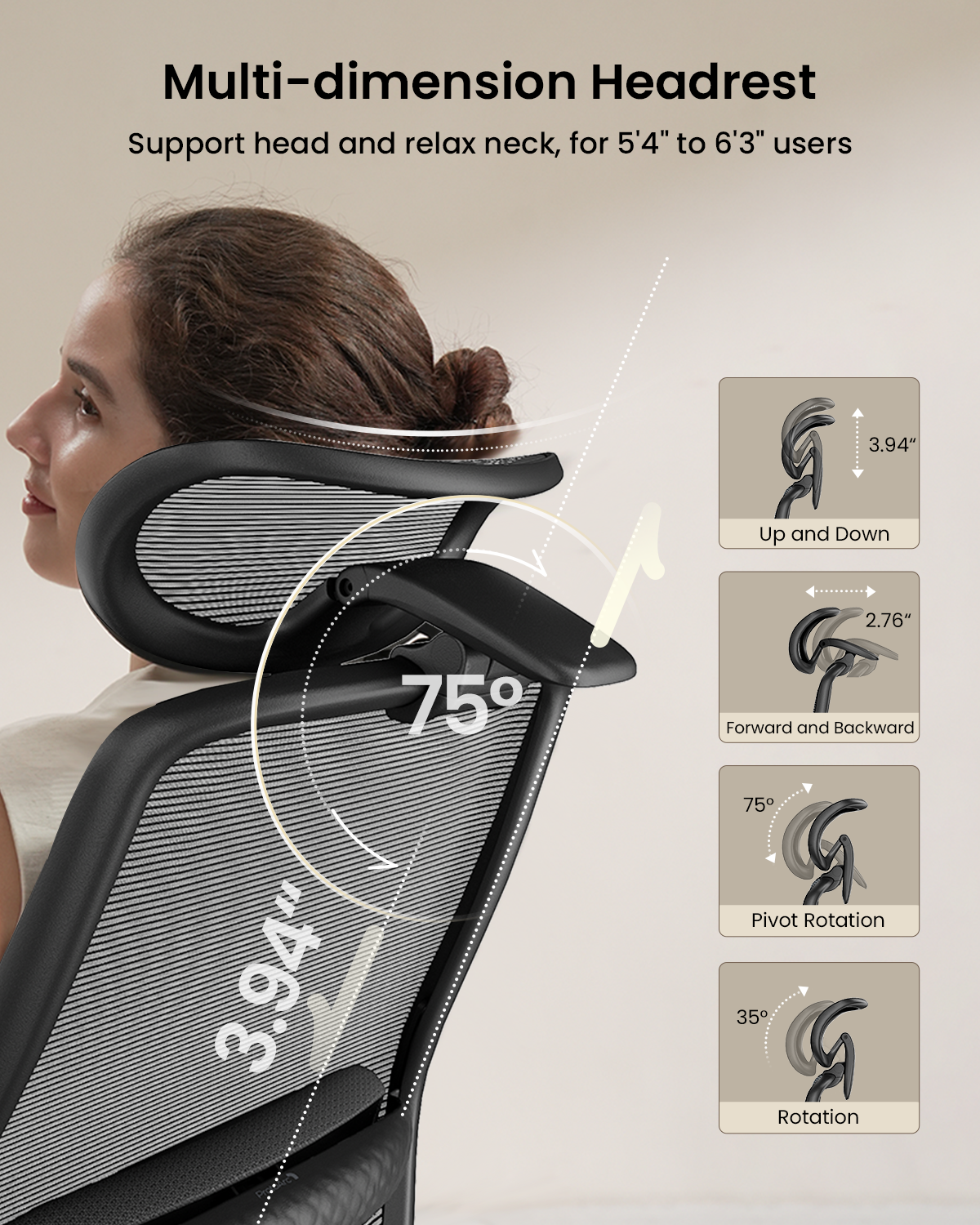 EC200 ergonomic chair headrest: 3.94" up/down, 2.76" fwd/back, 75° pivot, 35° rotation. Supports 5'4"-6'3" users.
