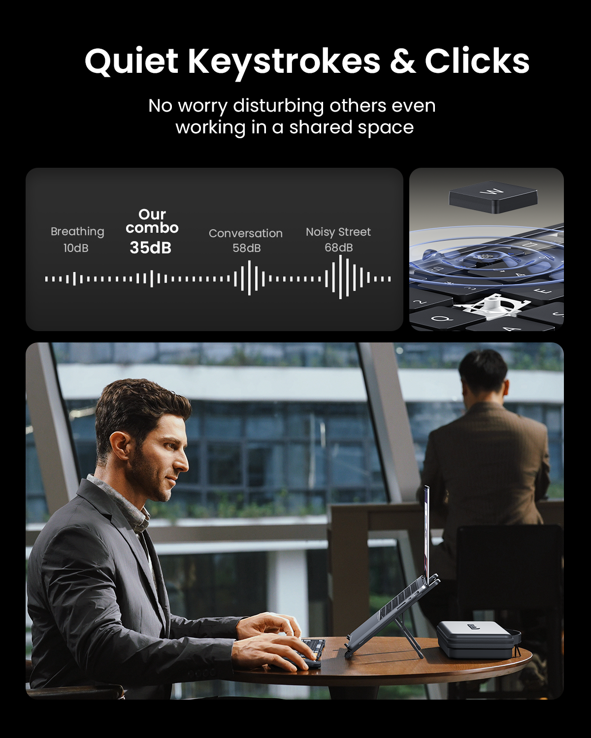 XKM01 CaseUp keyboard & mouse combo, quiet operation for shared spaces. Decibel comparison & office use shown.