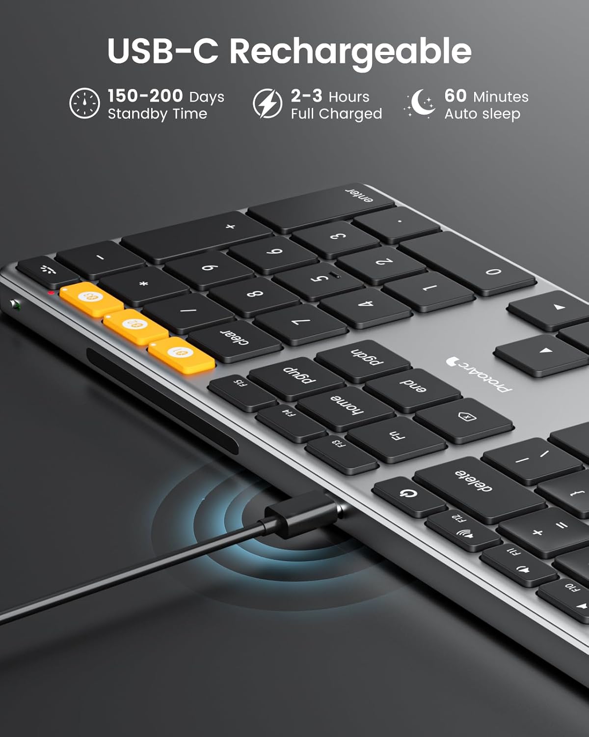ProtoArc K110-A slim aluminum low-profile Bluetooth keyboard charging via USB-C.
