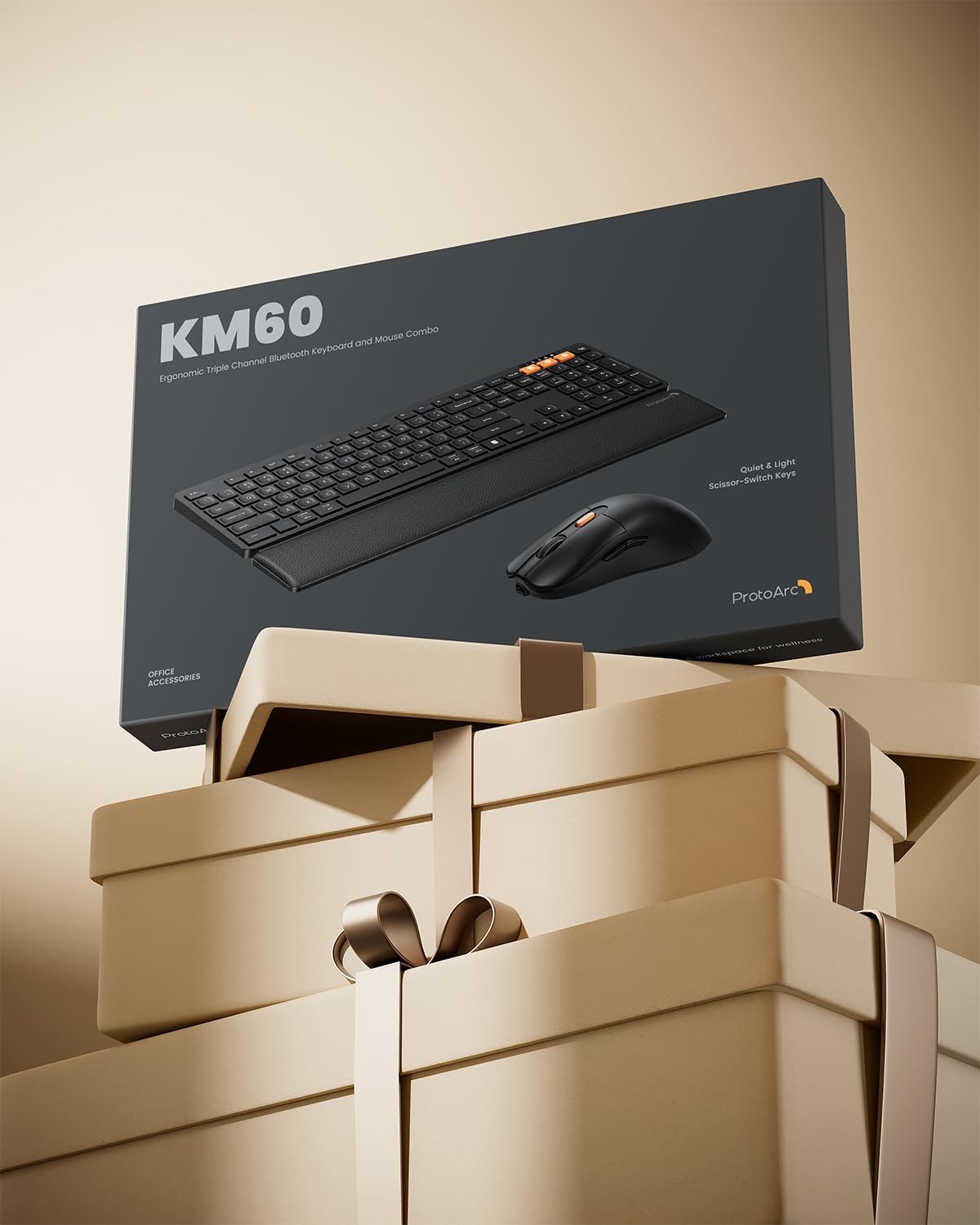ProtoArc KM60 Pack Clavier Bluetooth Souris sans Fil, Rechargeable | avec Repose-Poignet, Pleine Taille, AZERTY Français, 2,4G + 2*Bluetooth, pour Portable, PC, Mac, Windows - Noir