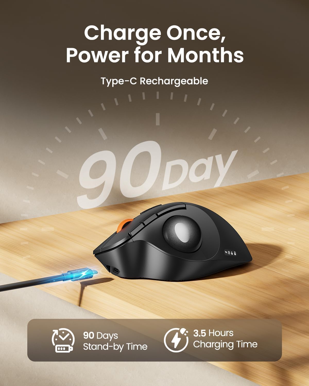 ProtoArc Wireless Bluetooth Trackball Mouse, EM02 Two Adjustable Angle Ergonomic Rechargeable Computer Ball Mouse, 3 Device Connection, Thumb Control and Smooth Tracking for Laptop, PC, Mac-Gray