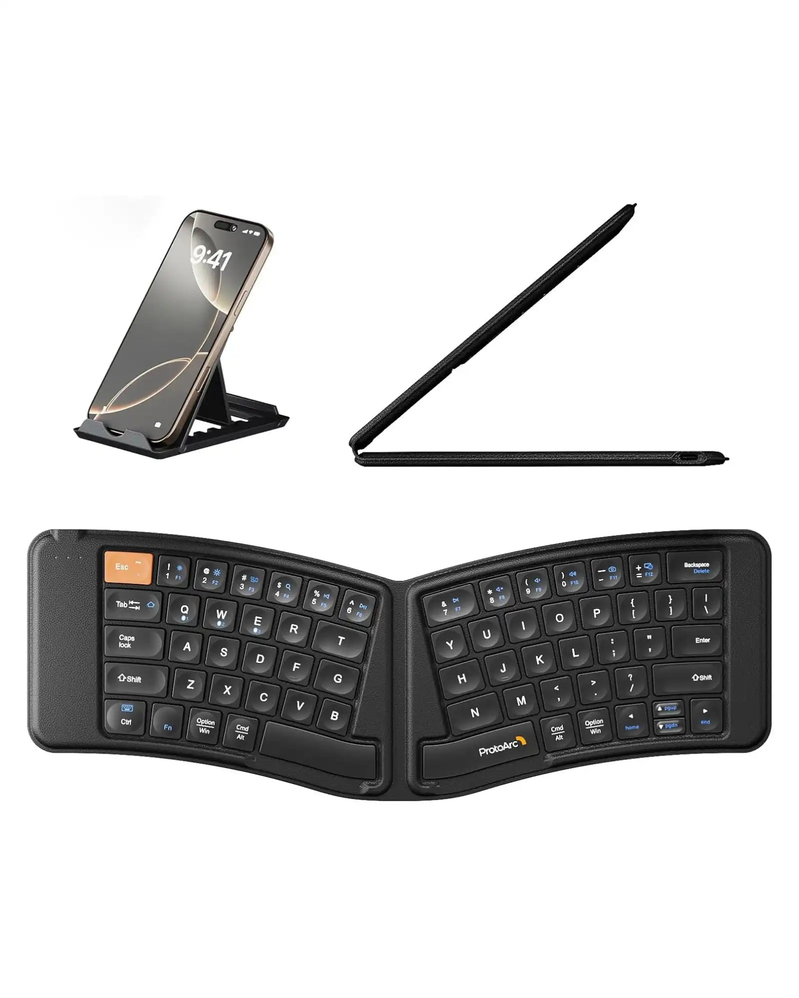 Foldable ergonomic keyboard, phone on stand, and slim case laid out on a white background.