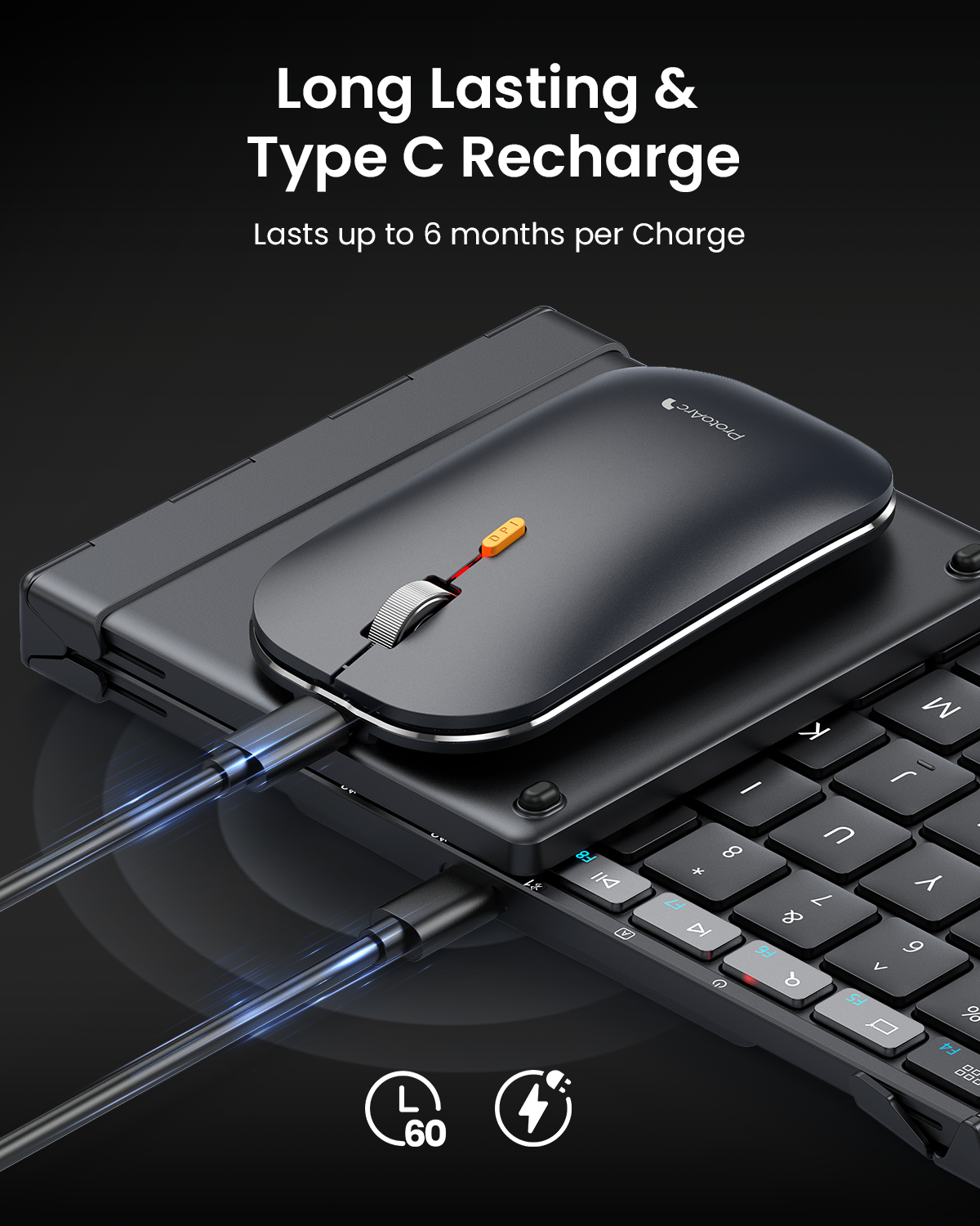 XKM01 CaseUp black foldable keyboard and ergonomic mouse charging via USB-C, highlighting long battery life.