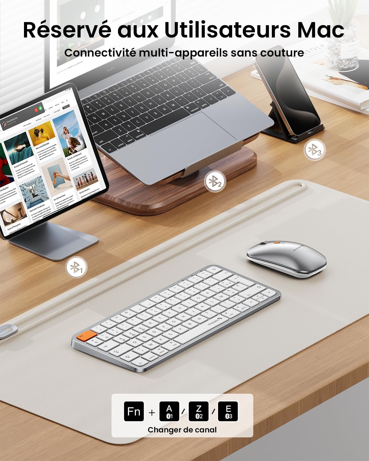 ProtoArc Retro Eclairé Clavier Souris Mac Compact sans Fil, KM90-A AZERTY Bluetooth Ensembles Clavier Souris, Multi-Appareils, Plat, Rechargeable, Compatible avec MacBook Pro/Air, iPad, iPhone - Blanc