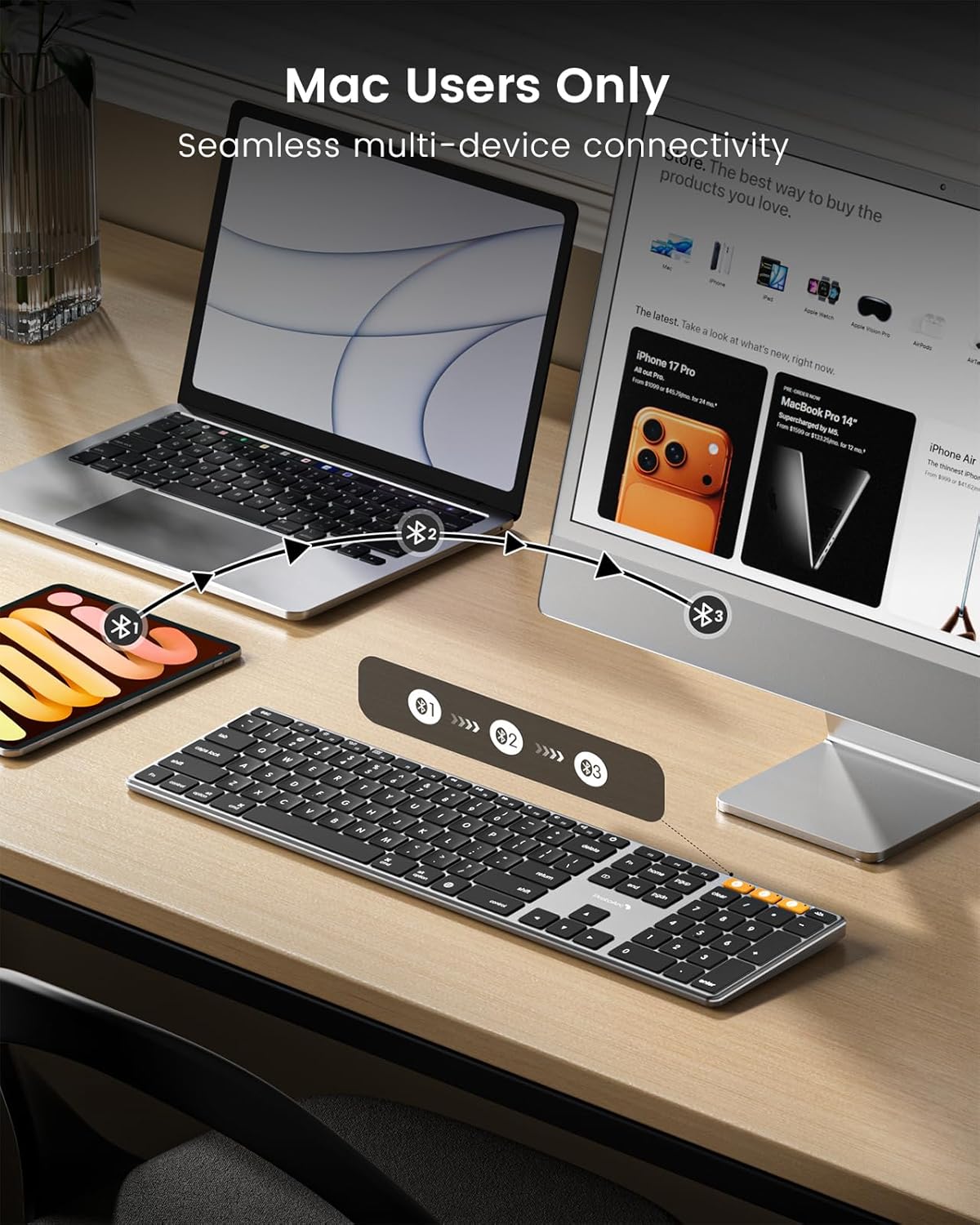 ProtoArc K110-A slim aluminum Bluetooth keyboard connecting to Mac, iPad, and iPhone