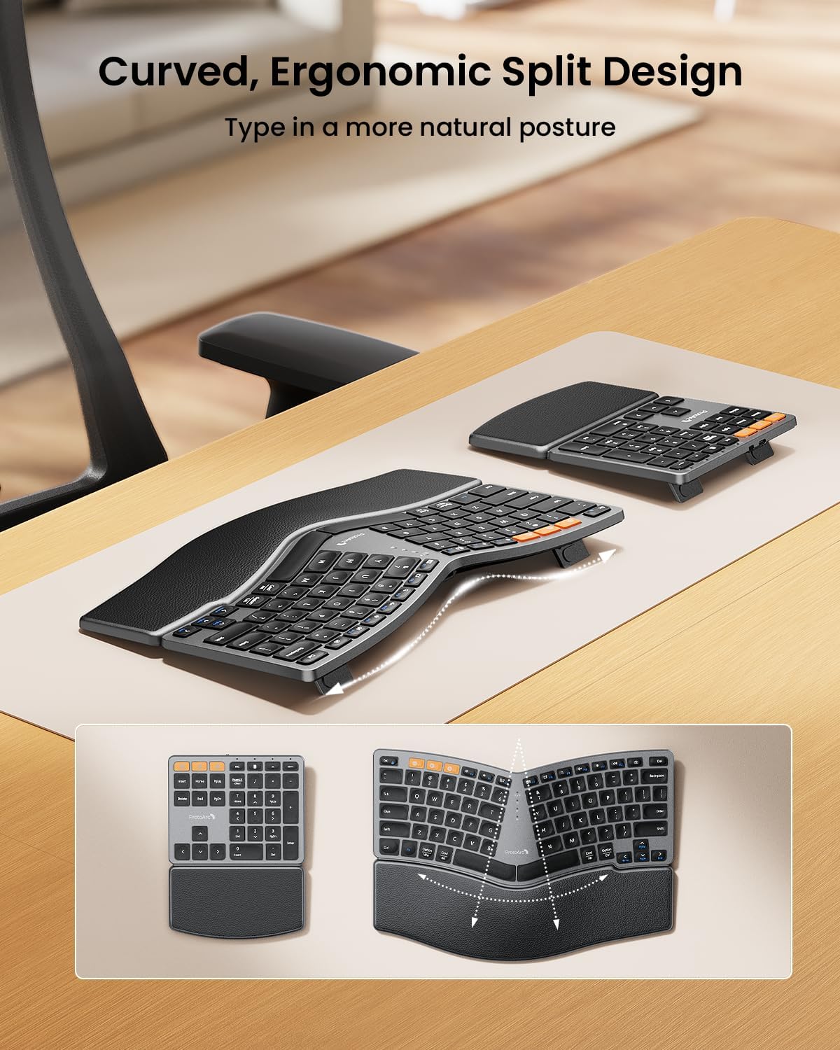 ProtoArc Wireless Ergonomic Keyboard with Separate Number Pad - Space Gray
