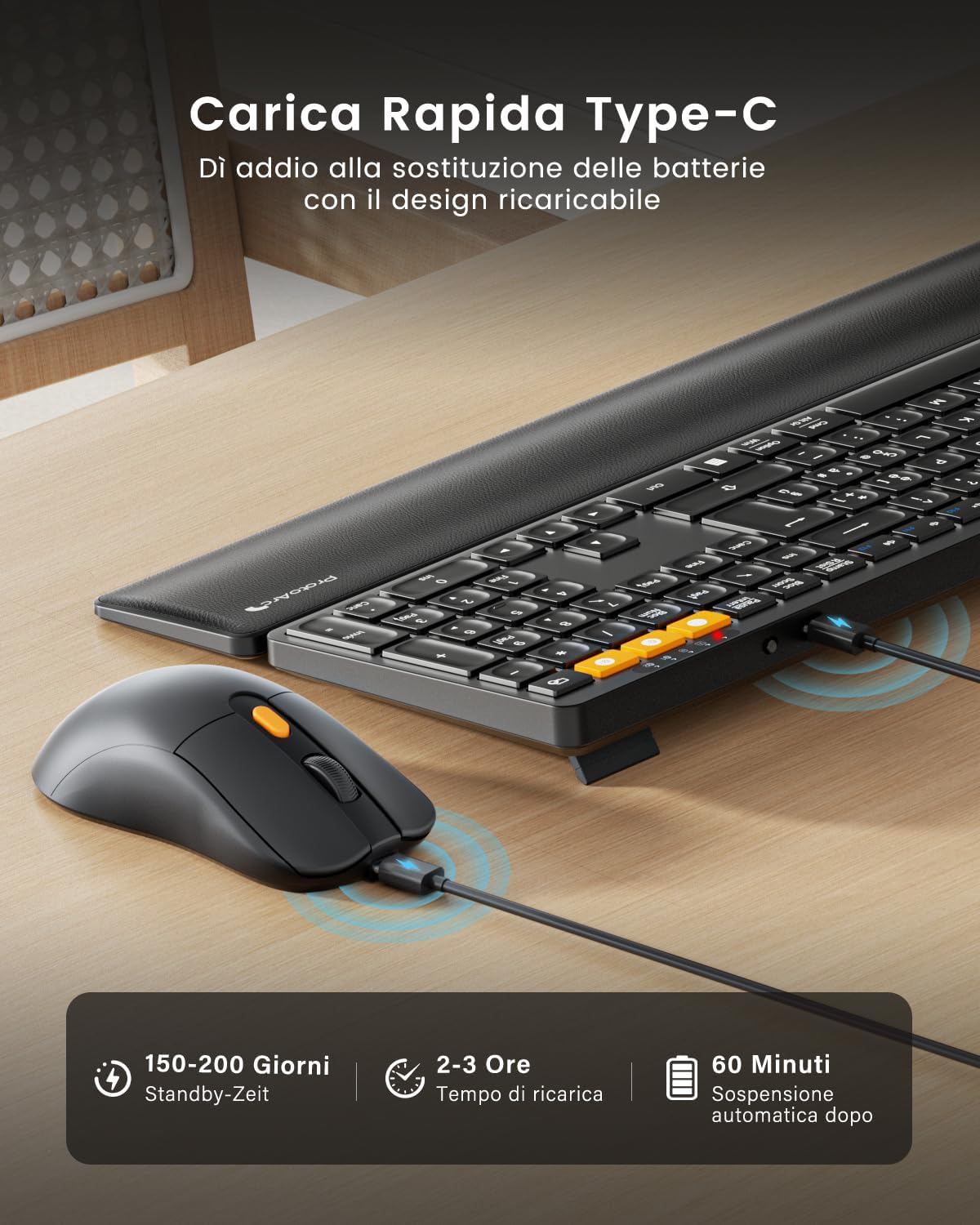 ProtoArc KM60 Wireless Bluetooth Keyboard and Mouse, Rechargeable | Full-size with Wrist Rest, Italian QWERTY, 2.4 GHz + 2 x Bluetooth, for Laptop, Mac, Windows - ‎Black