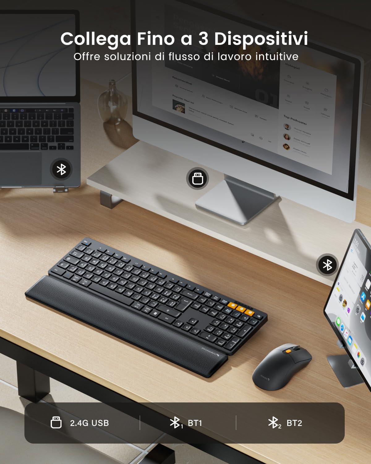 ProtoArc KM60 Wireless Bluetooth Keyboard and Mouse, Rechargeable | Full-size with Wrist Rest, Italian QWERTY, 2.4 GHz + 2 x Bluetooth, for Laptop, Mac, Windows - ‎Black