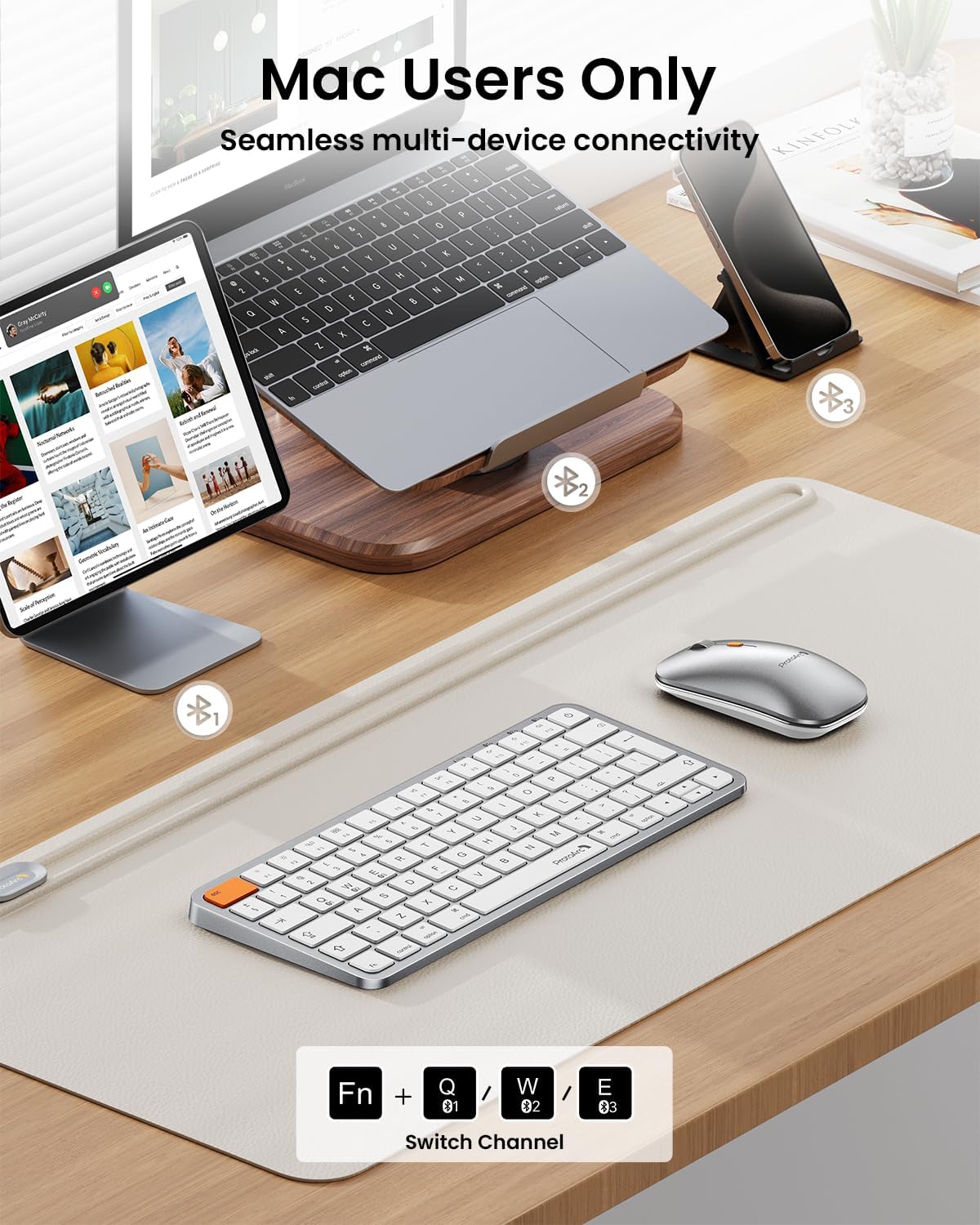 ProtoArc Backlit Compact Bluetooth Keyboard and Mouse for Mac, KM90-A Multi-Device Wireless Keyboard Mouse for Mac, Quiet and Rechargeable, for MacBook Pro/Air, iPad - White Silver