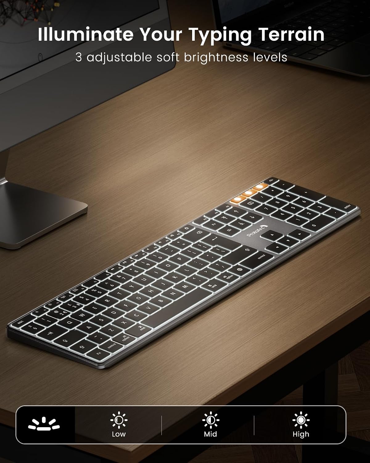 ProtoArc Backlit Wireless Keyboard for Mac, K110-A Aluminum Full Size Bluetooth Keyboard, Multi-Device, Low Profile, Fluid Quiet Typing, Rechargeable, for MacBook Pro/Air, Mac mini, iPad - Space Gray | Full Size Mac Layout with Numpad, 3-Level Backlight, Adjustable Feet, Multi-Device Bluetooth, Ultra Slim, Rechargeable