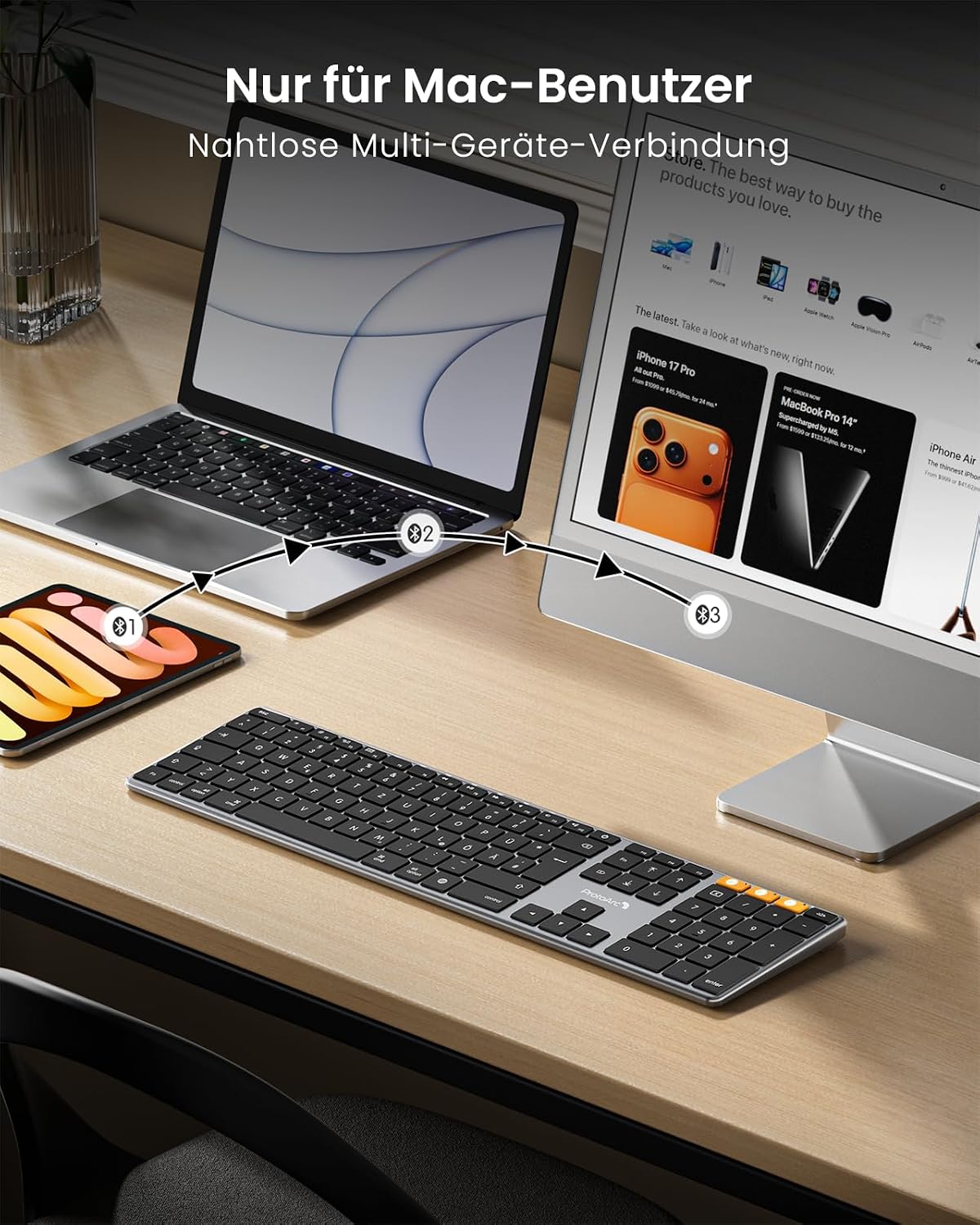 ProtoArc Illuminated Wireless Keyboard for Mac, K110-A Aluminium Bluetooth Keyboard Full Size, Multiple Devices, Flat, Rechargeable, Wireless Keyboard for MacBook Pro/Air, Mac Mini, iPad