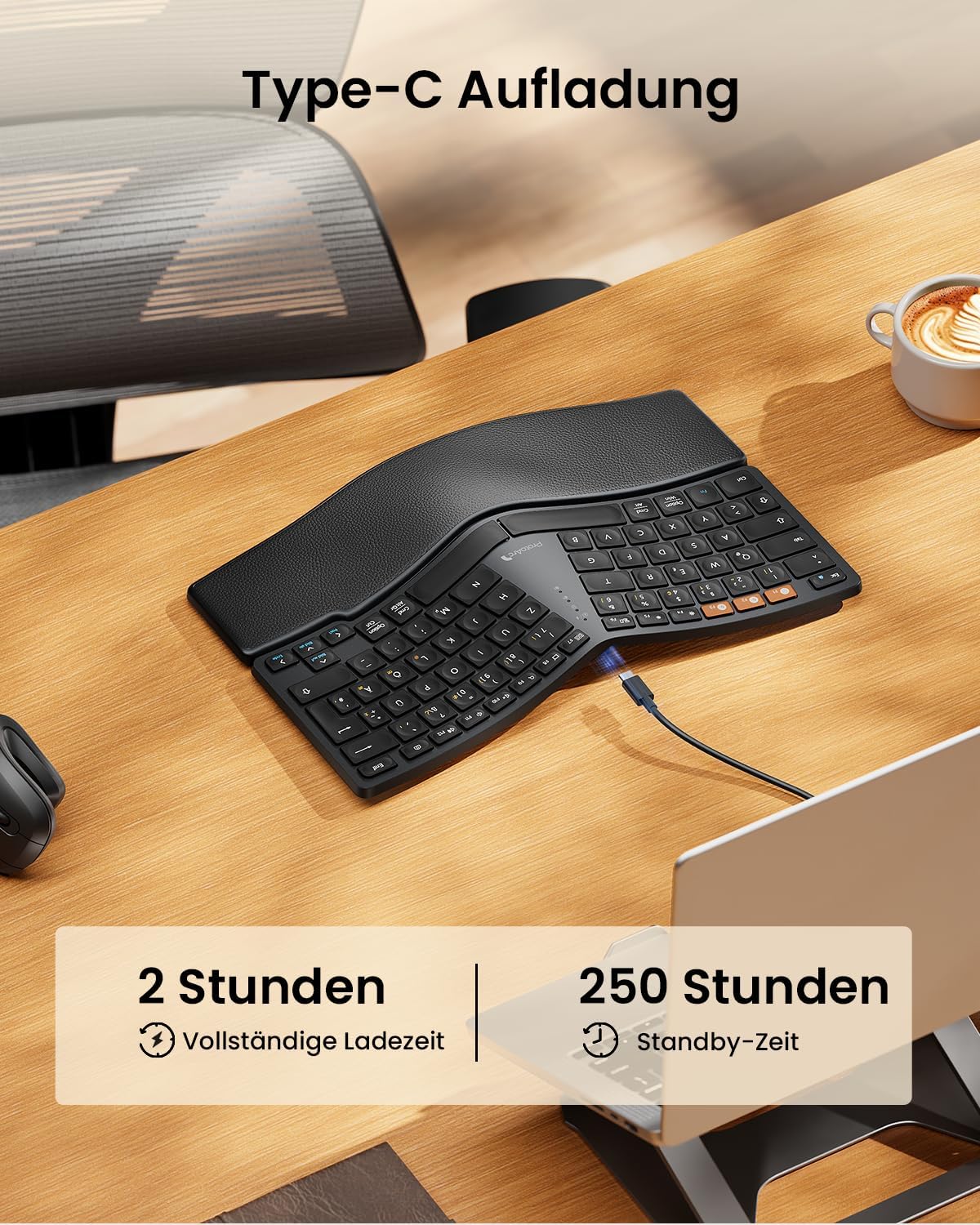 ProtoArc Bluetooth Ergonomic Keyboard, EK04 Mini Wireless Ergo Keyboard Compact with Wrist Rest, Split Design, Natural Typing Feel, Bluetooth & USB, Rechargeable, for Windows/Mac