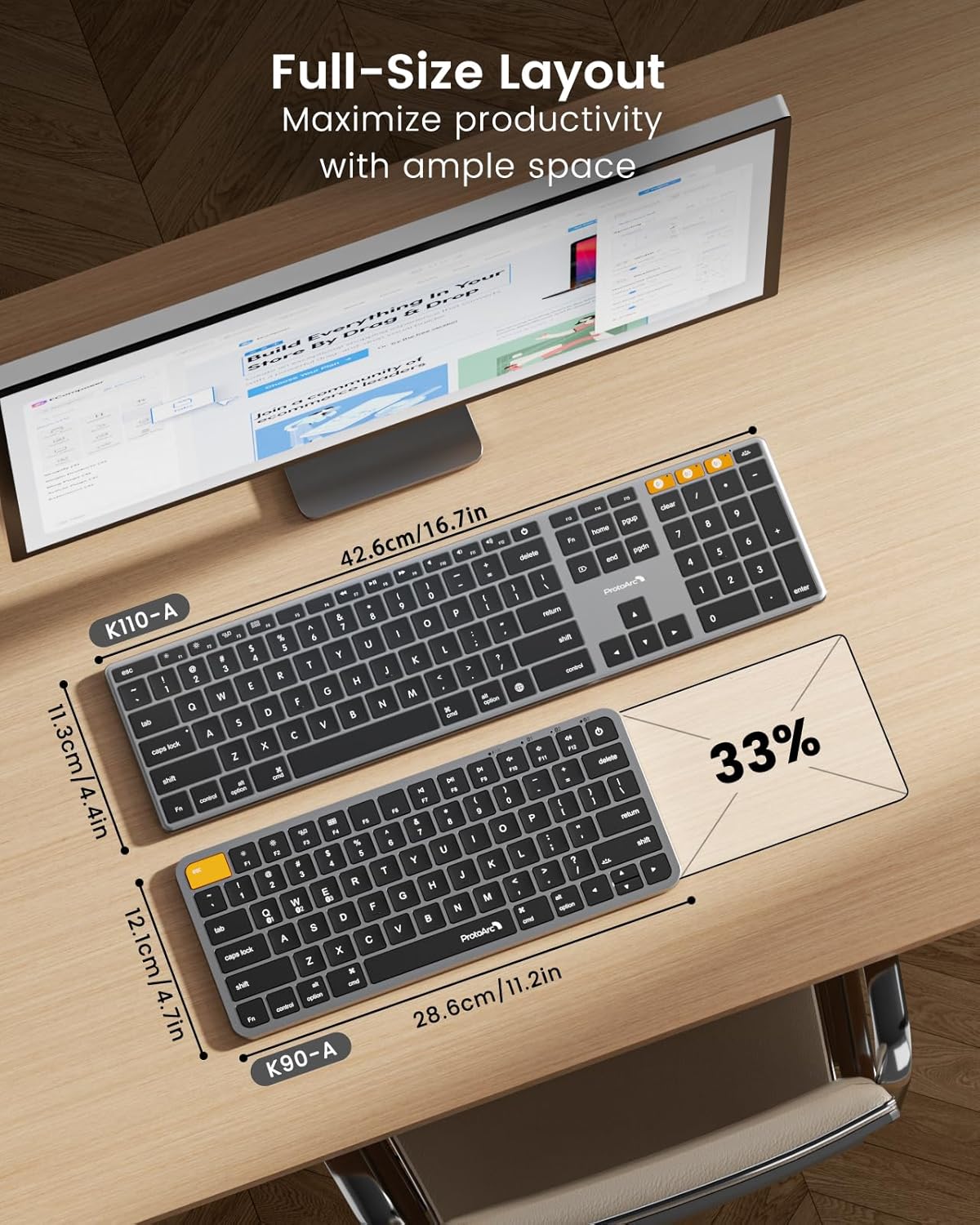 ProtoArc K110-A full-size slim aluminum Bluetooth keyboard shown next to a smaller K90-A model on a wooden desk.