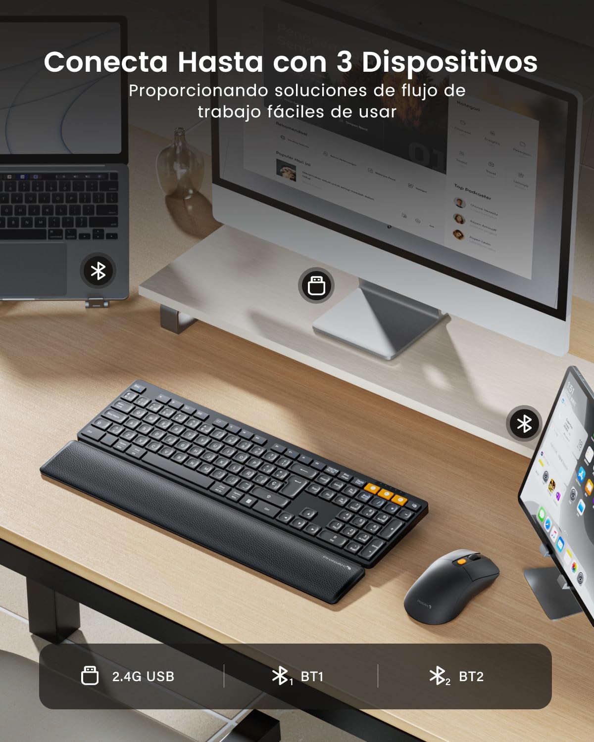 ProtoArc KM60 Rechargeable Bluetooth Wireless Keyboard and Mouse | Full Size with Wrist Rest, QWERTY Spanish, 2.4 GHz + 2 x Bluetooth, for Laptop, PC, Mac and Windows, Black