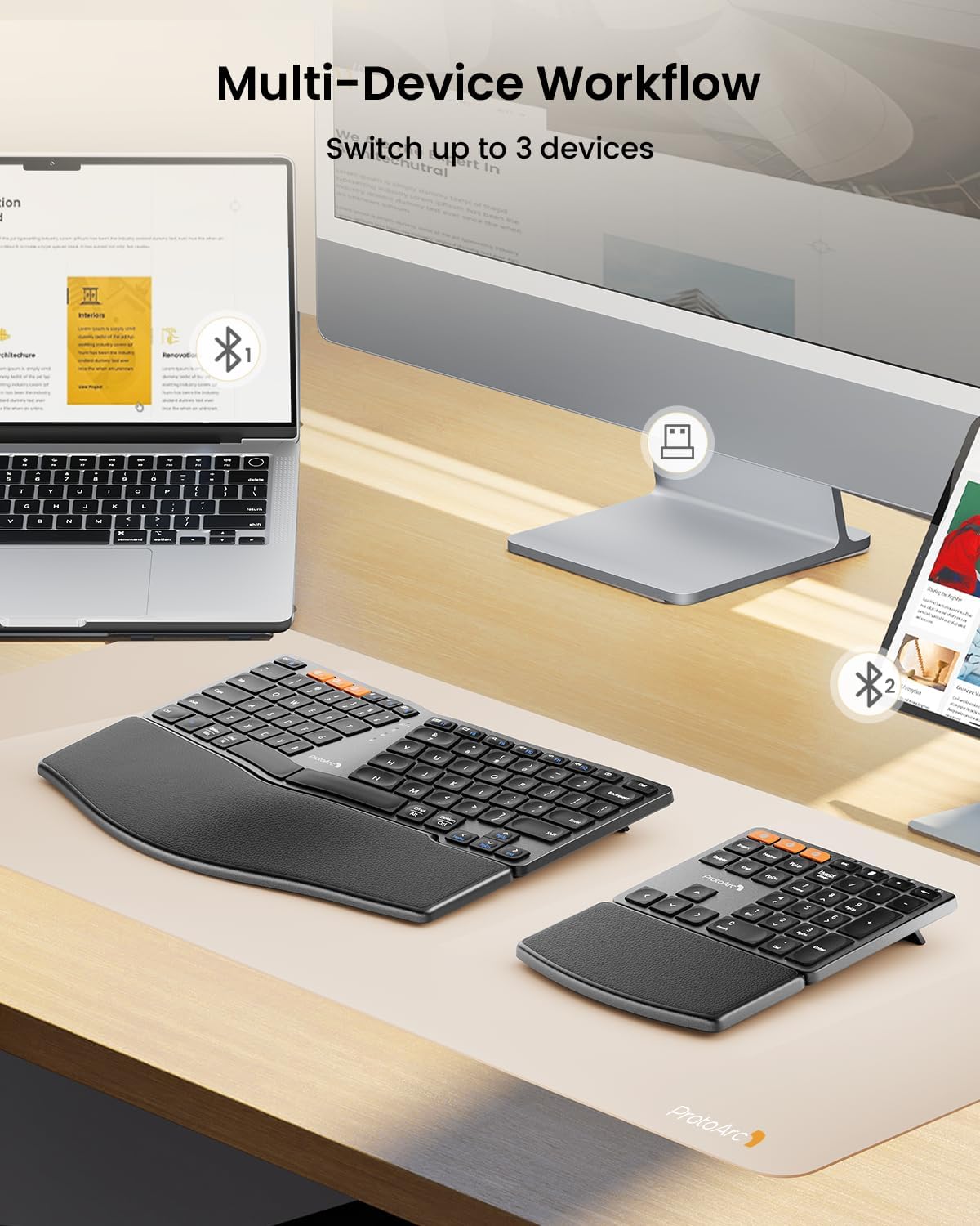 ProtoArc Wireless Ergonomic Keyboard with Separate Number Pad - Space Gray