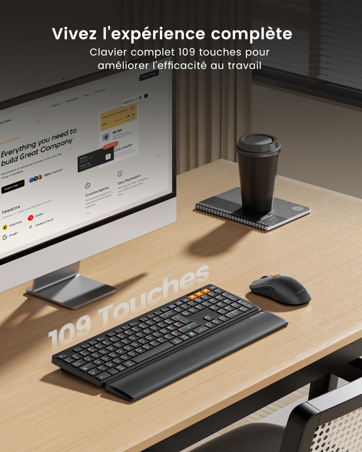 ProtoArc KM60 Pack Clavier Bluetooth Souris sans Fil, Rechargeable | avec Repose-Poignet, Pleine Taille, AZERTY Français, 2,4G + 2*Bluetooth, pour Portable, PC, Mac, Windows - Noir