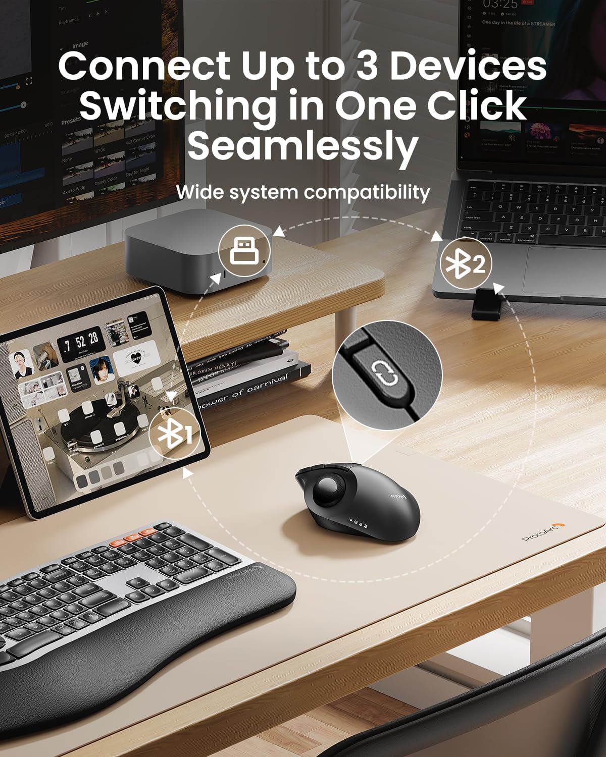 ProtoArc Wireless Bluetooth Trackball Mouse, EM02 Two Adjustable Angle Ergonomic Rechargeable Computer Ball Mouse, 3 Device Connection, Thumb Control and Smooth Tracking for Laptop, PC, Mac-Gray