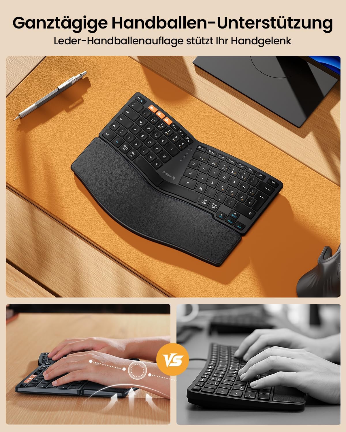 ProtoArc Bluetooth Ergonomic Keyboard, EK04 Mini Wireless Ergo Keyboard Compact with Wrist Rest, Split Design, Natural Typing Feel, Bluetooth & USB, Rechargeable, for Windows/Mac