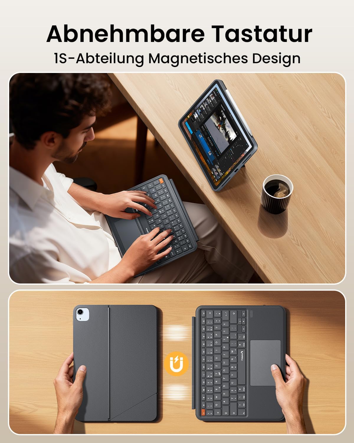 ProtoArc TK500 Case with Keyboard iPad Air 11 M3/M2, Magnetic QWERTZ DE | Clickable Trackpad, for iPad Pro 11, FR4 Plate, Apple Pencil Holder, 4 Modes, Grey