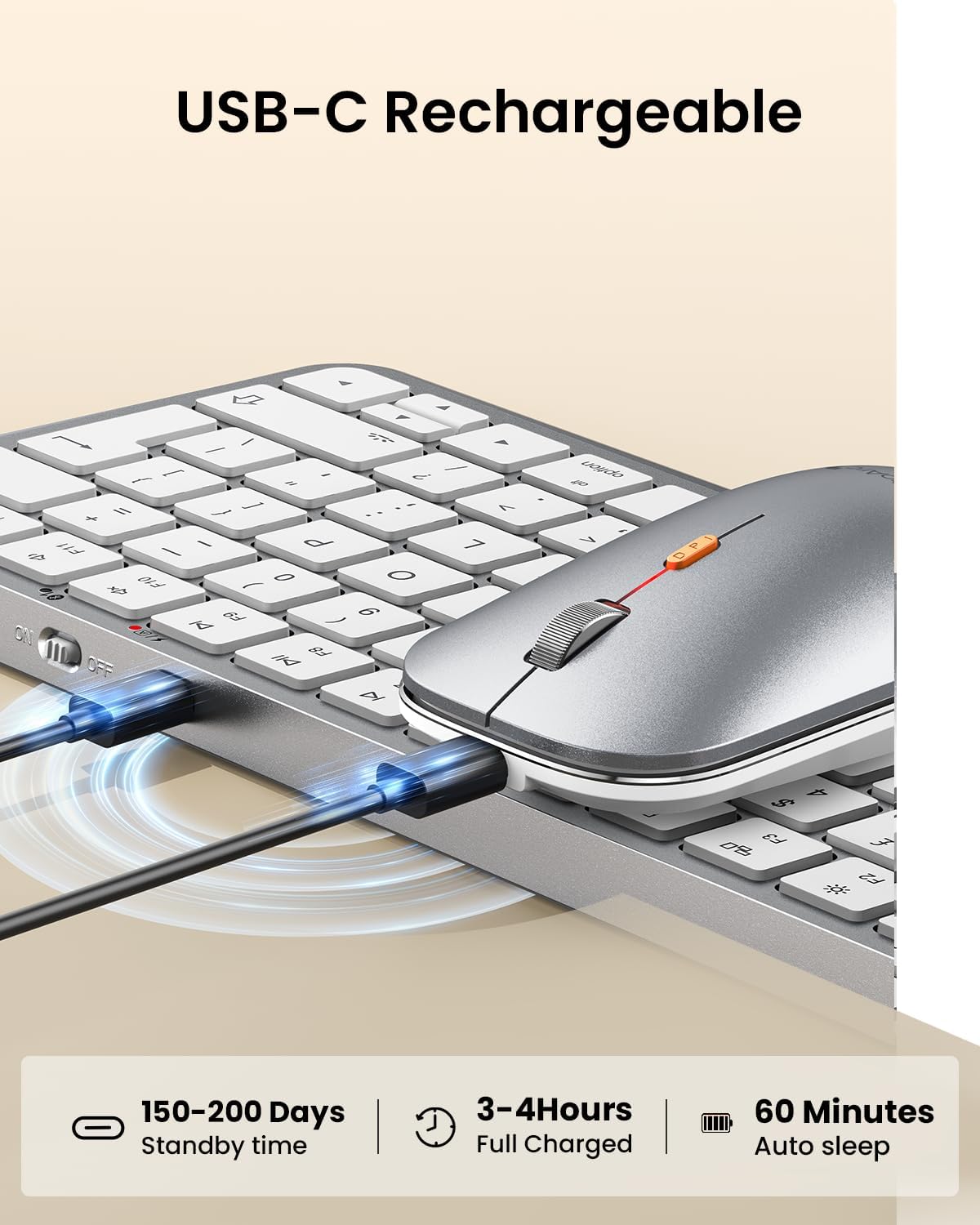 ProtoArc Backlit Compact Bluetooth Keyboard and Mouse for Mac, KM90-A Multi-Device Wireless Keyboard Mouse for Mac, Quiet and Rechargeable, for MacBook Pro/Air, iPad - White Silver