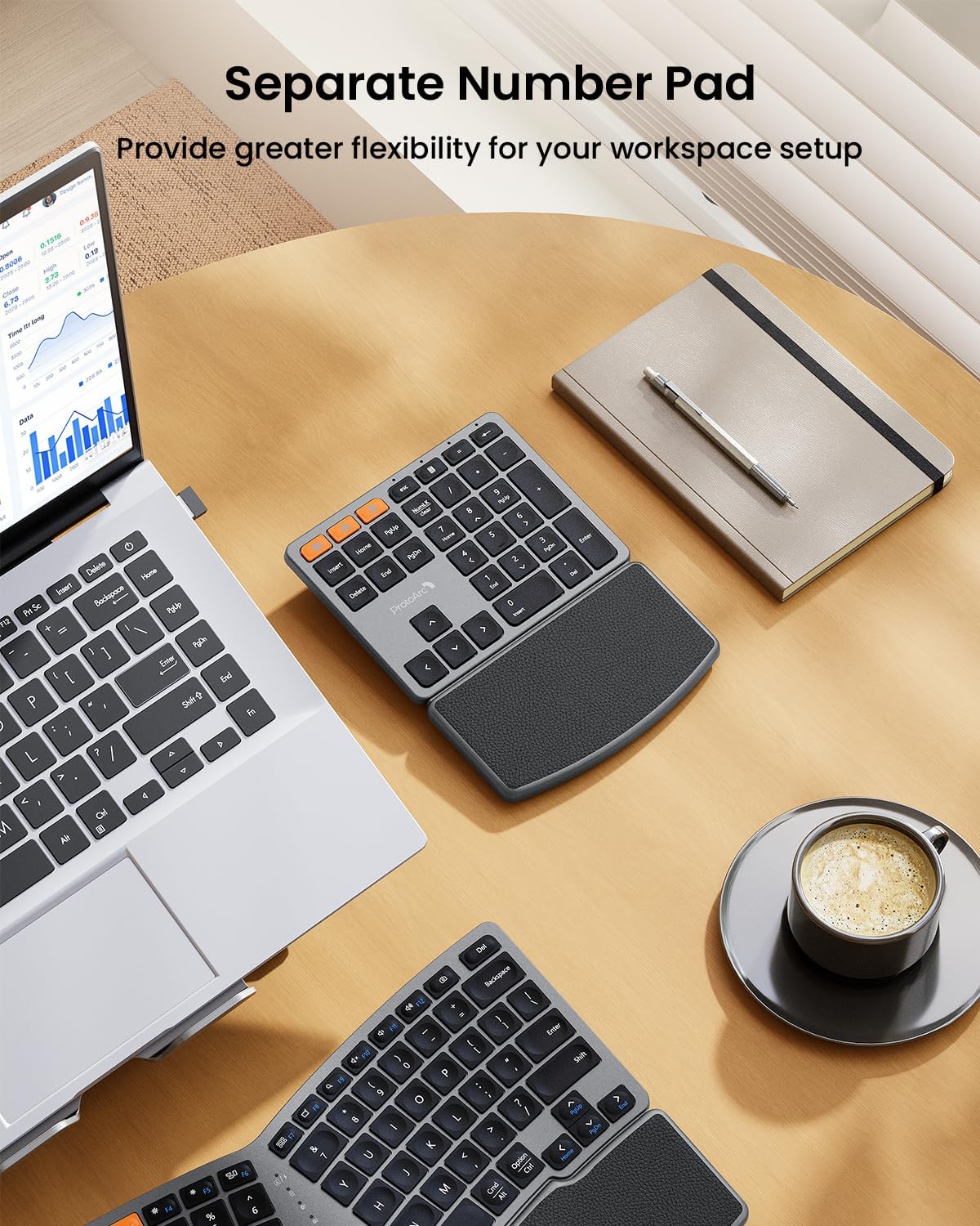 ProtoArc Wireless Ergonomic Keyboard with Separate Number Pad - Space Gray